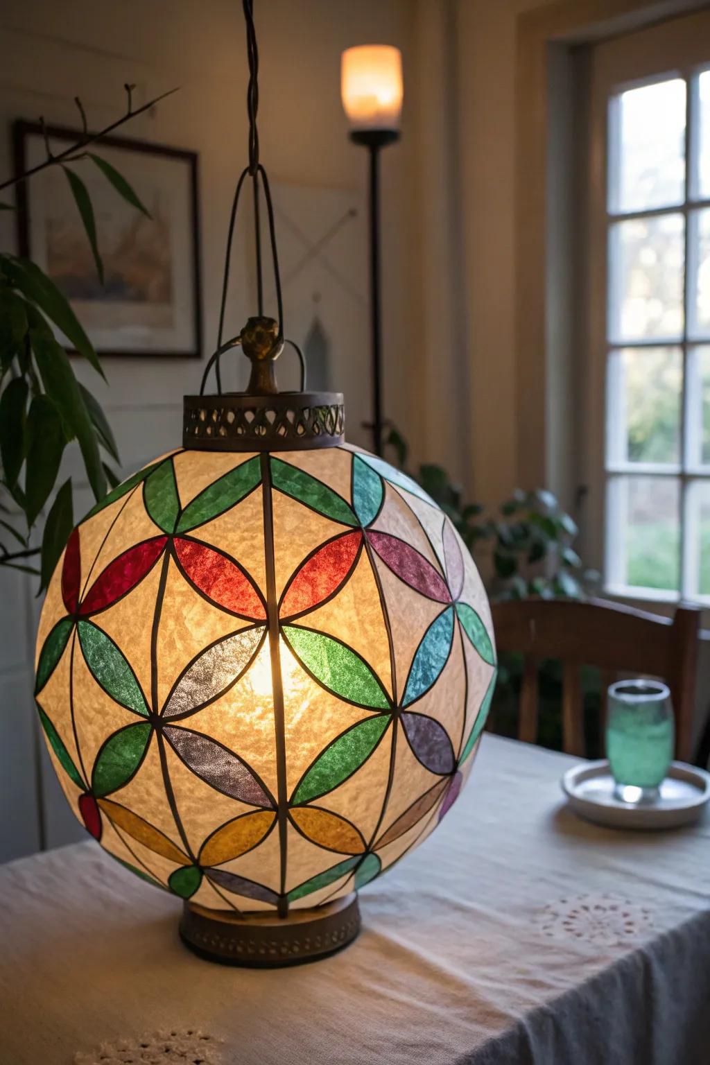 Paint a glowing faux stained-glass paper lantern with jewel tones and bold dark leading lines