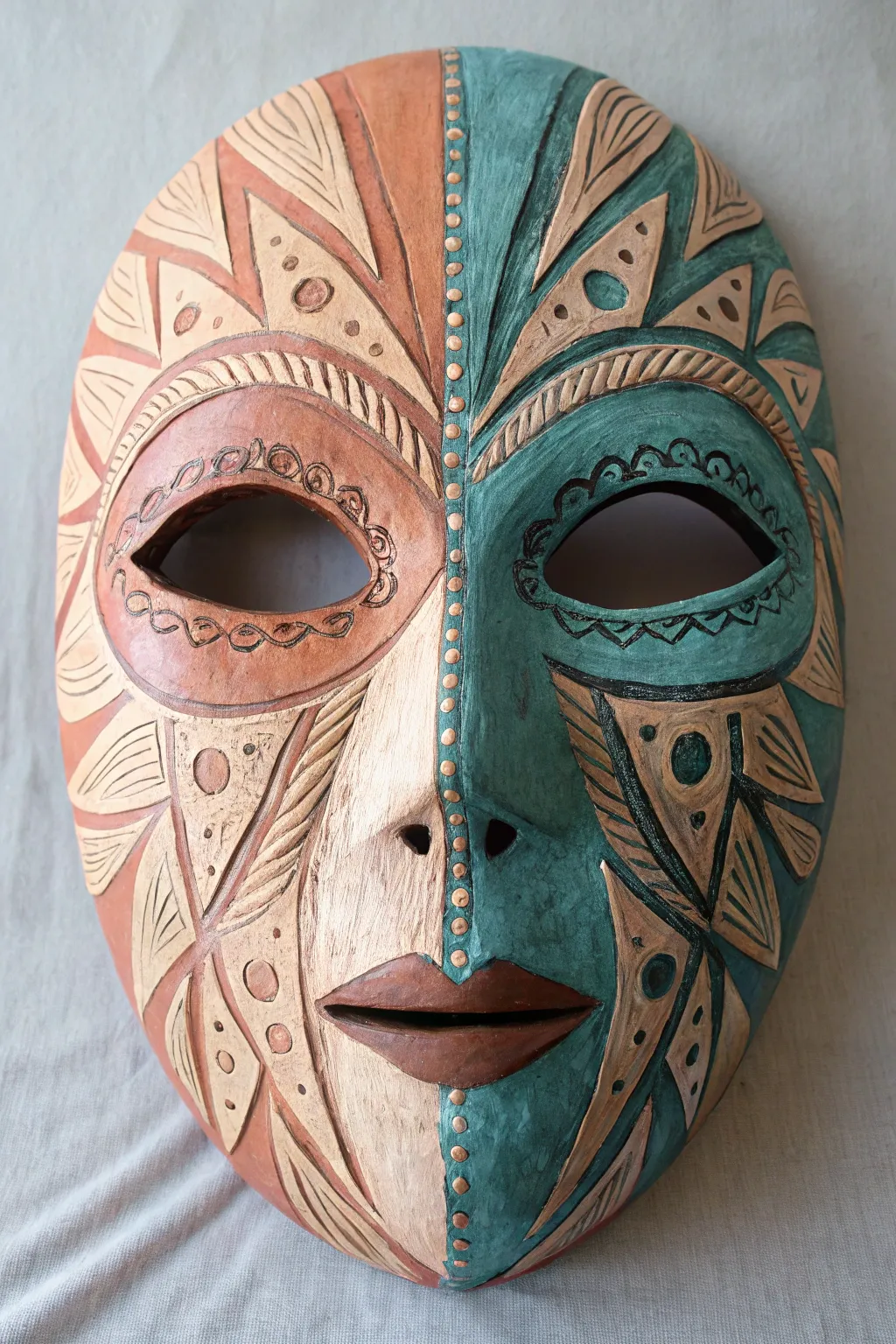 Split-personality paper mache mask with warm and cool halves for bold, moody contrast.