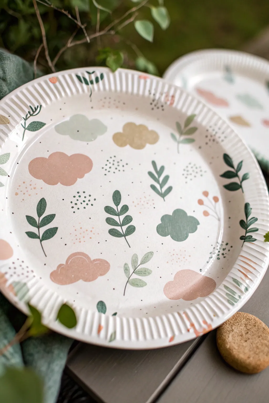 Minimal sponge stamped textures on a paper plate for an elegant Scandi boho craft idea