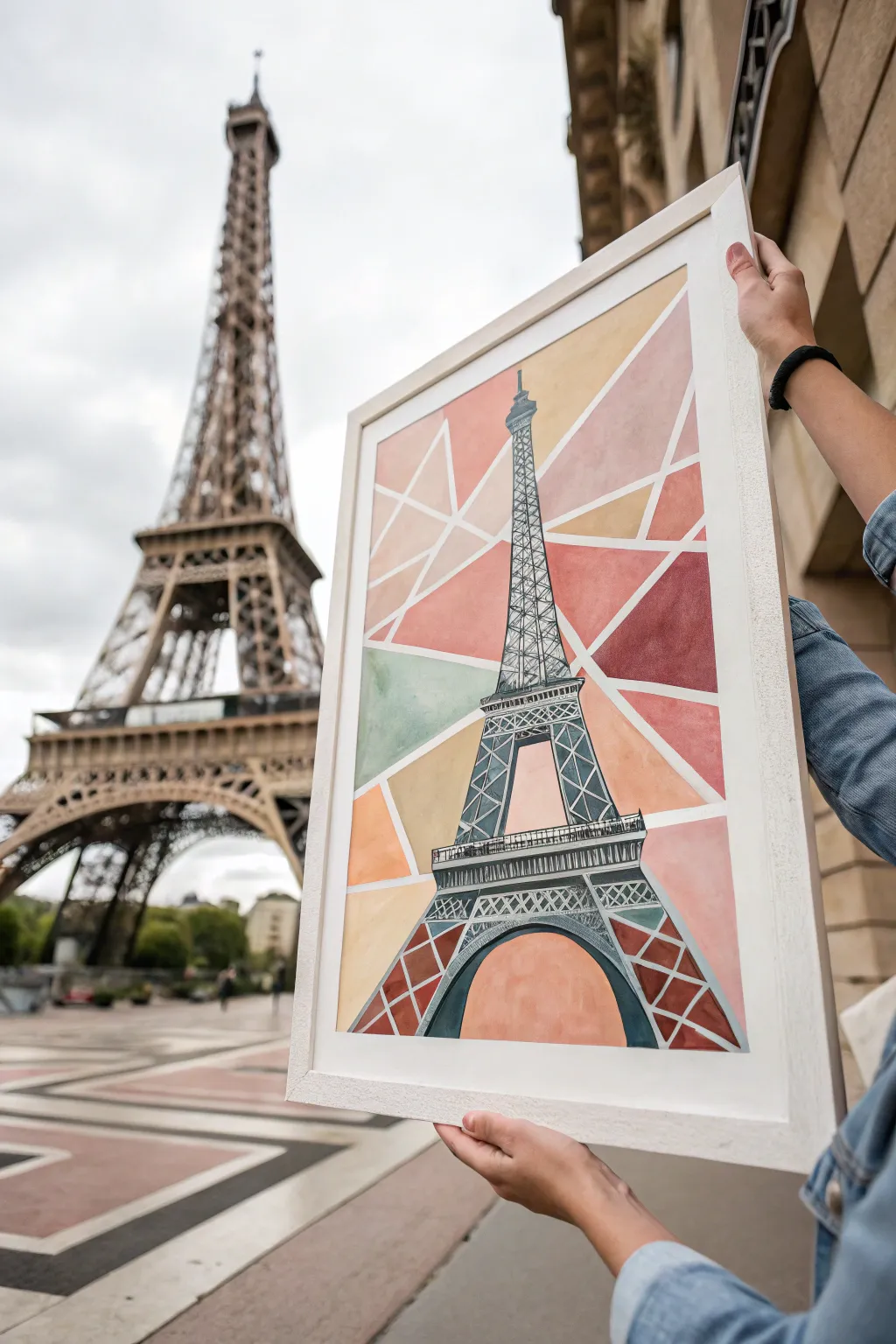 Paint a modern Eiffel Tower with bold color blocks and boho brush marks for chic Paris vibes.