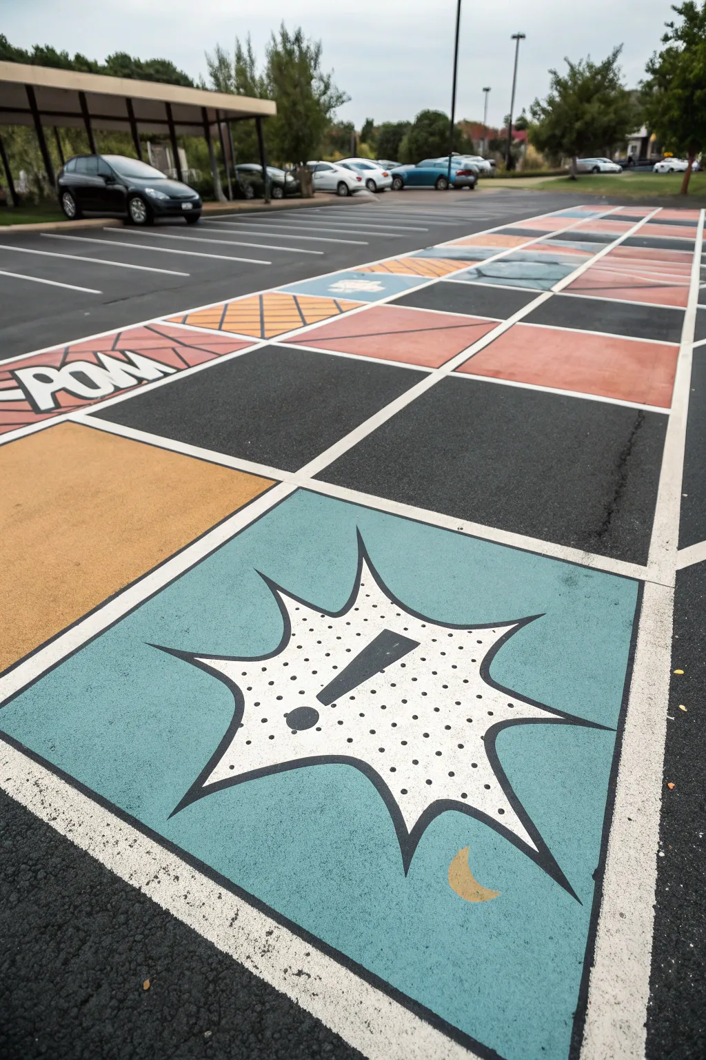 Pop-art comic panel parking space with a blank speech bubble and bold high-contrast textures