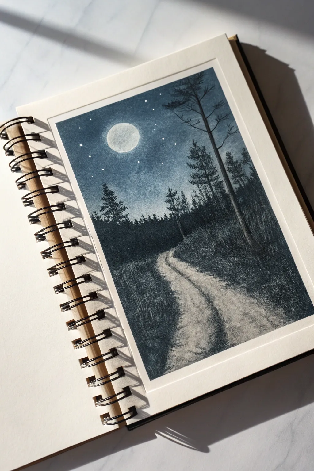 Moonlit path drawing idea: strong contrast and believable long shadows in a calm minimalist style.