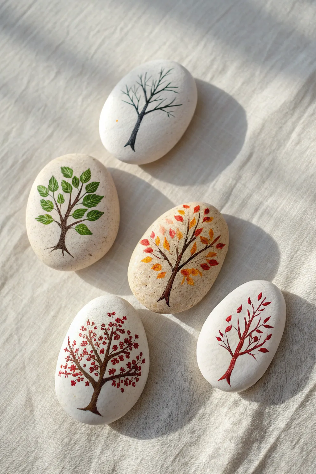 Four season tree pebble set: spring to winter in a calm minimalist row with natural contrast.