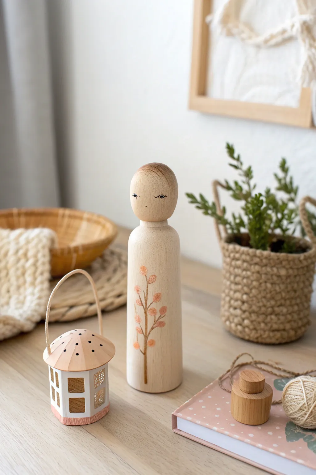 Hand-painted peg doll with tiny lantern, basket, and book props in a calm Nordic tabletop scene