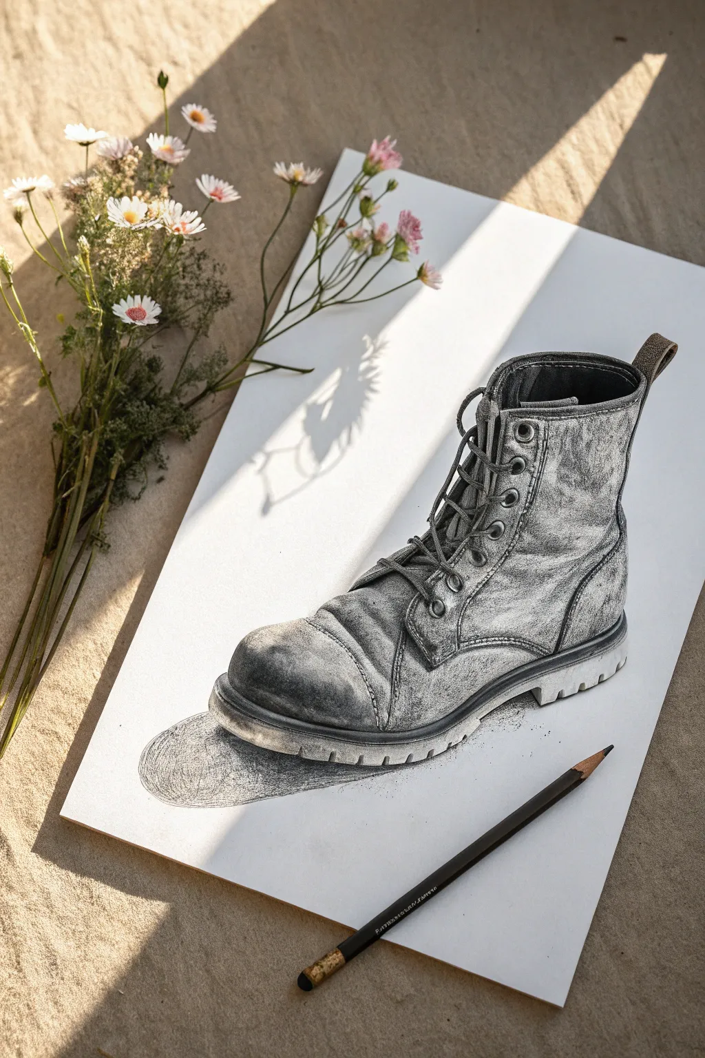 Pencil shading study: rugged old boot and soft flowers, perfect for texture contrast practice