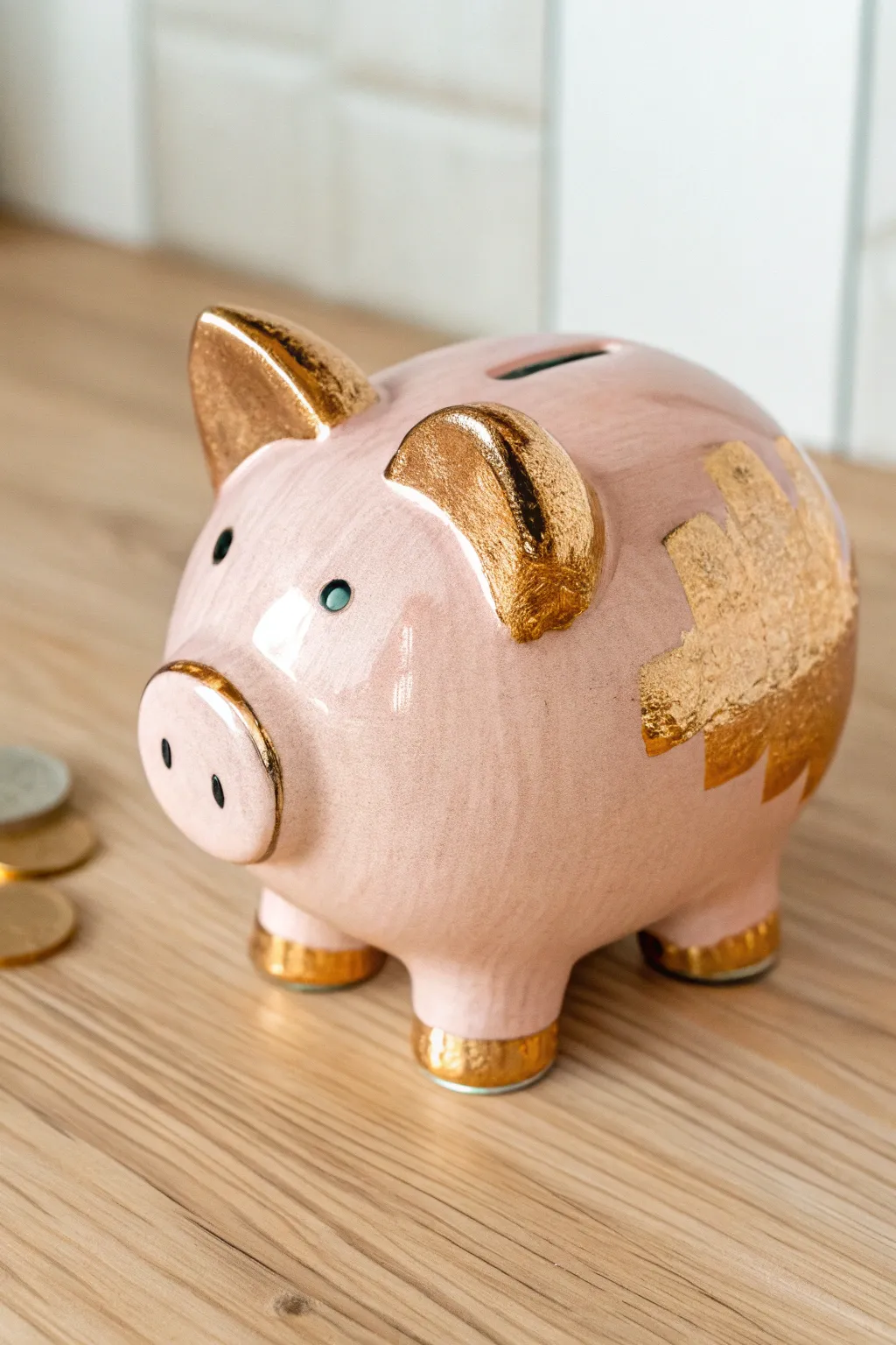 Blush piggy bank with faux champagne-gold trim on ears, hooves, and coin slot