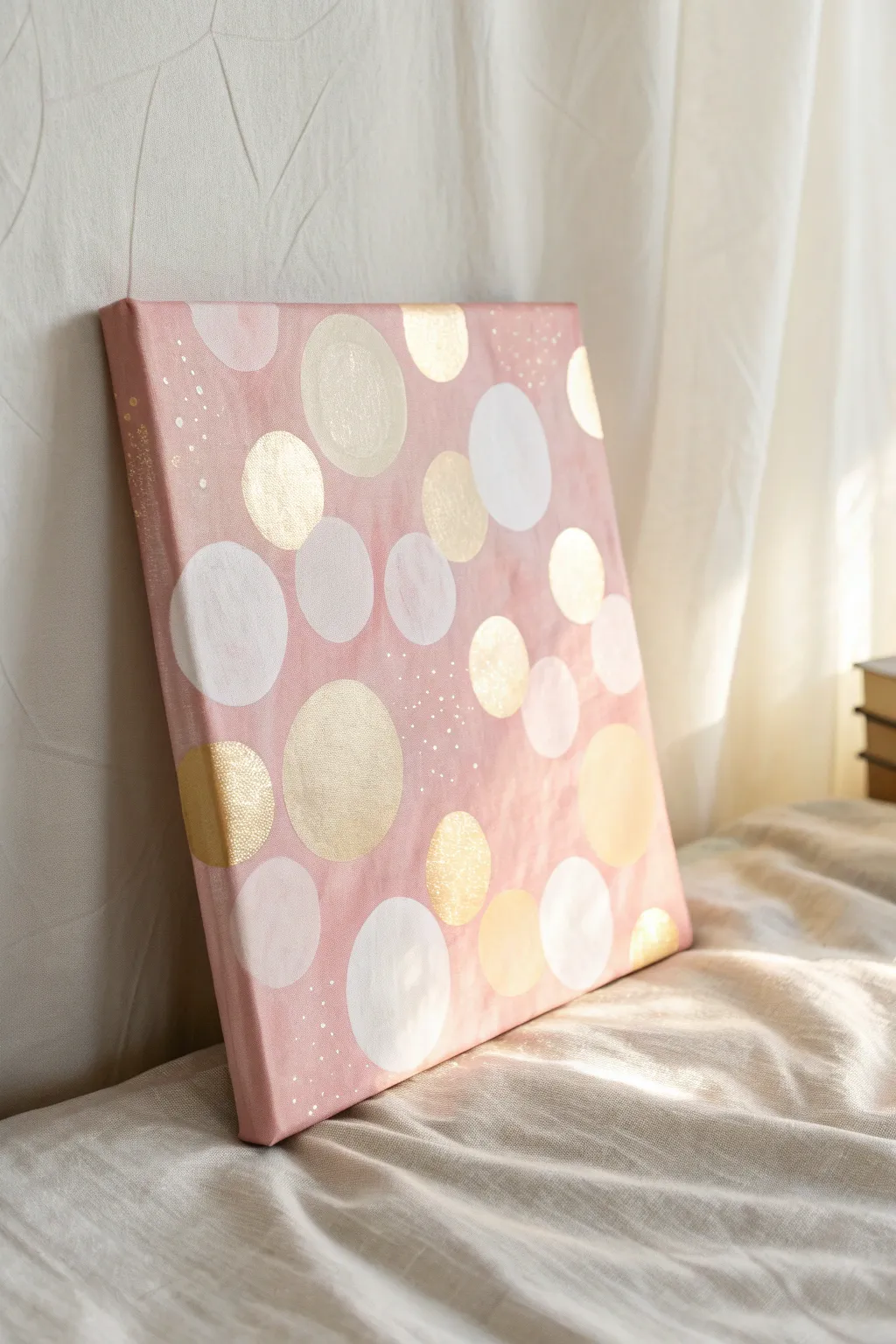 Dreamy bokeh fairy lights on blush pink canvas, Scandinavian minimalism with a soft boho glow