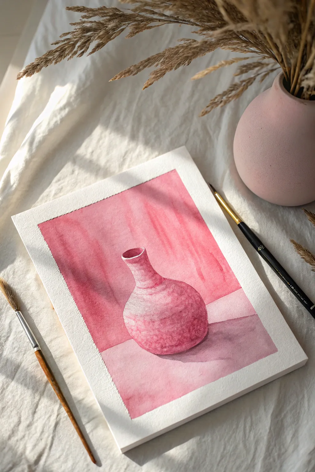 Monochrome pink vase still life in simple shapes, high contrast and minimalist boho style