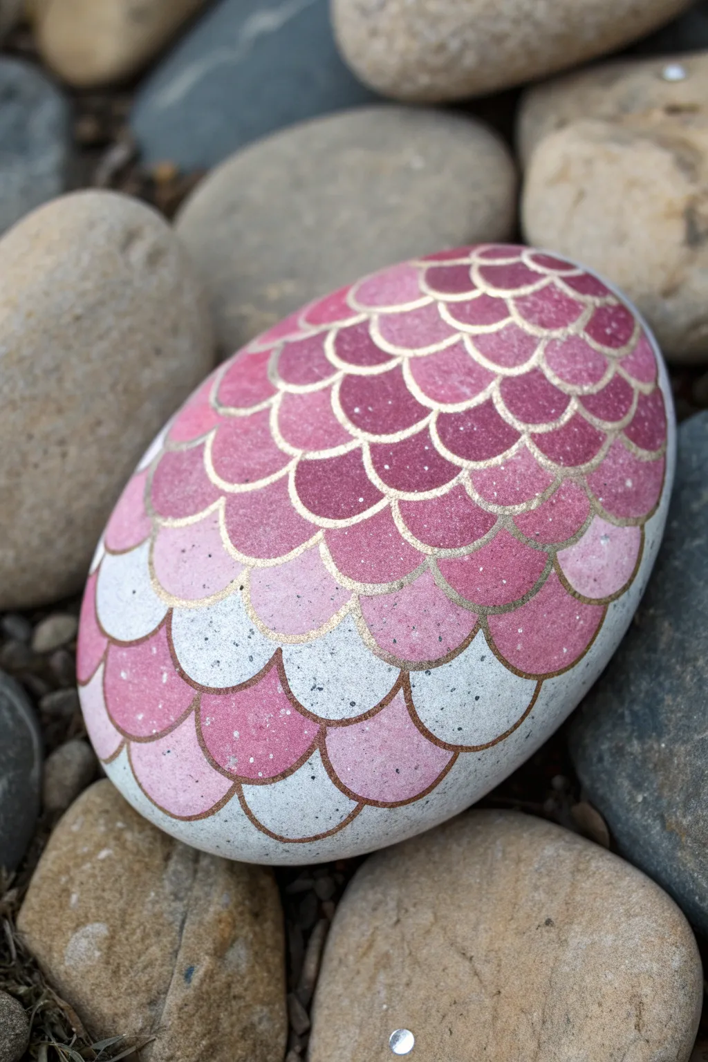 Pink mermaid scale rock with metallic shimmer and tiny white bubble dots on a minimal linen backdrop