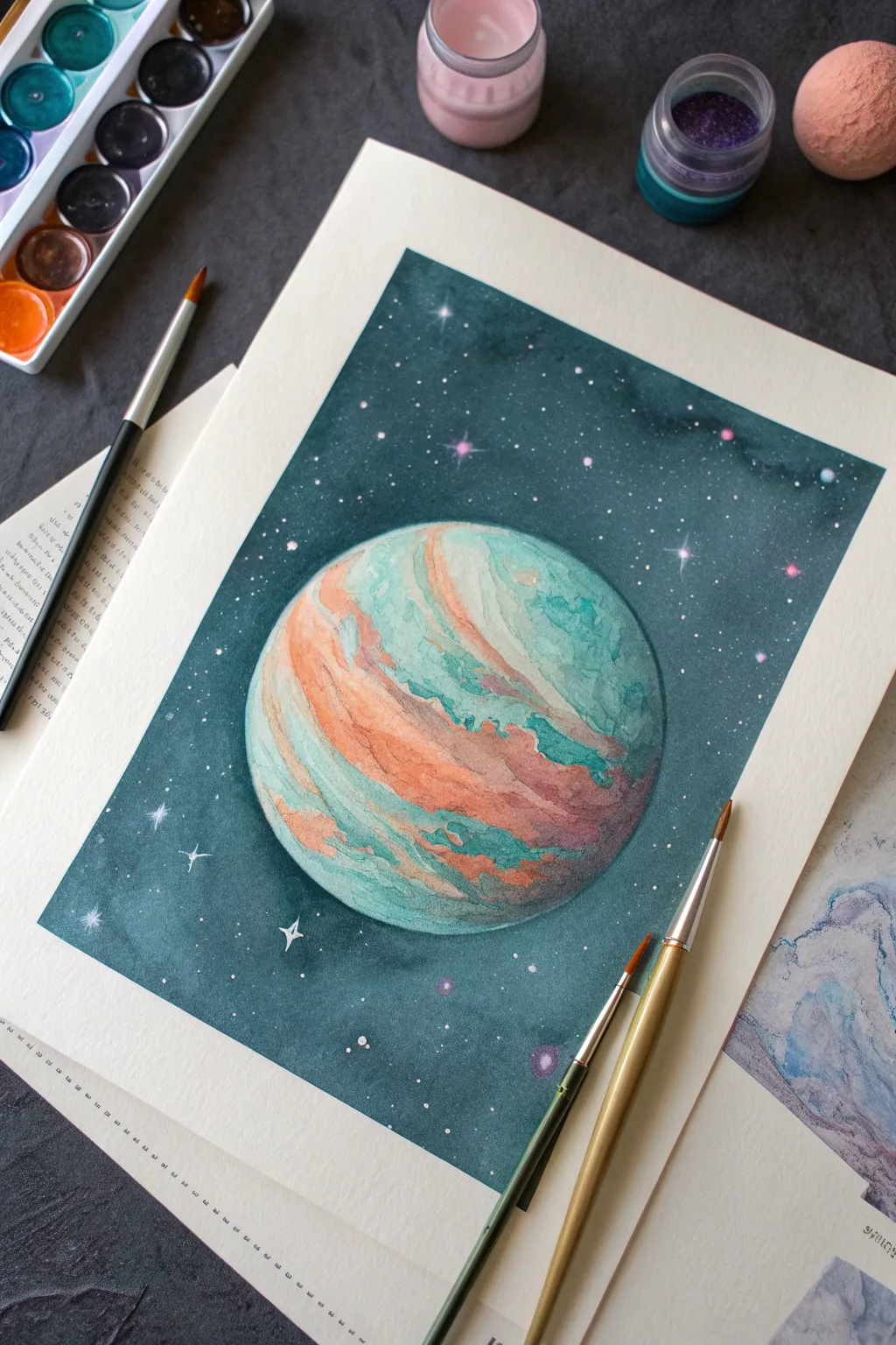 Invent an exoplanet color story with teal deserts, lavender seas, and a double glow aura