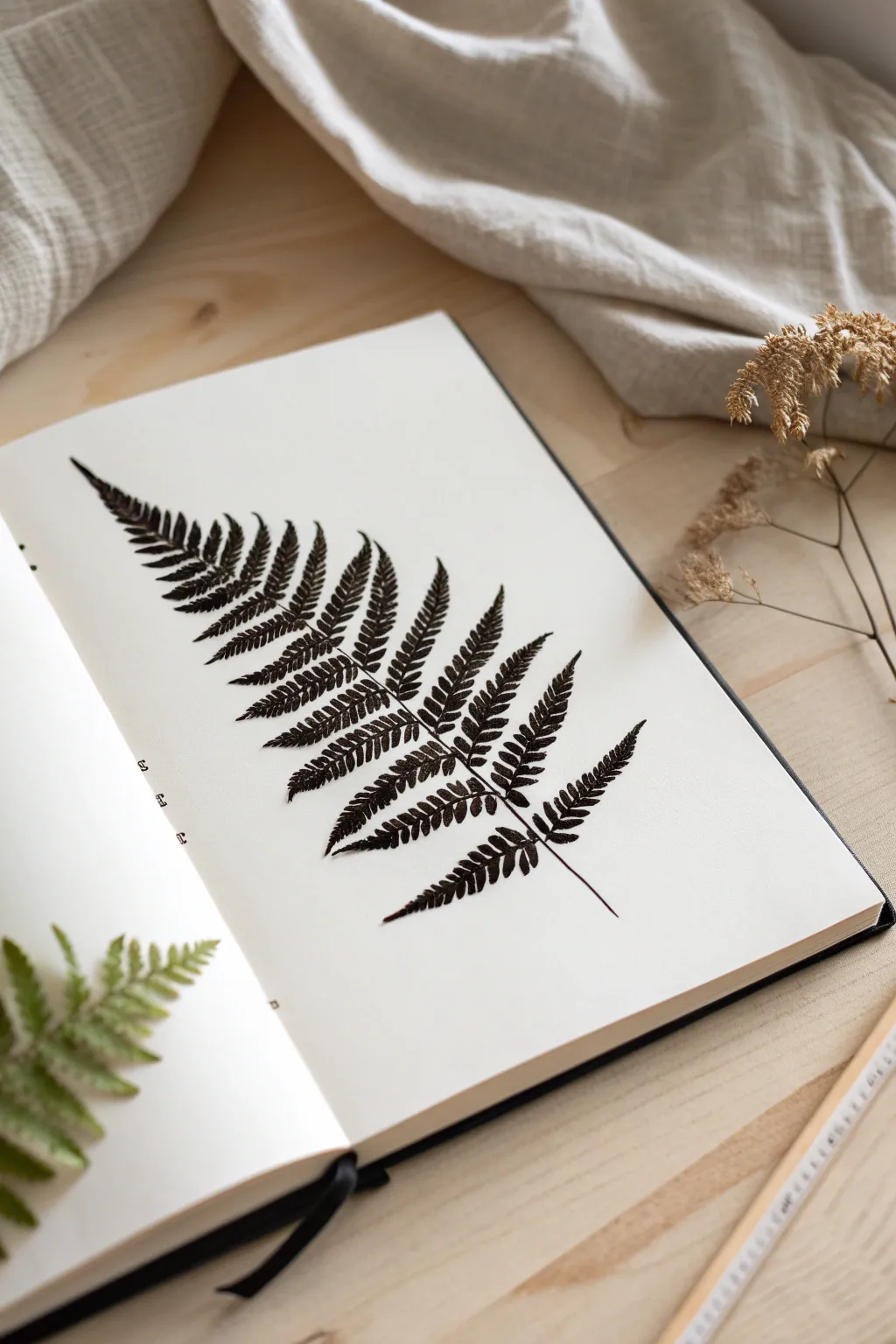 Bold black fern silhouette on bright white paper, minimalist botanical drawing idea with strong contrast