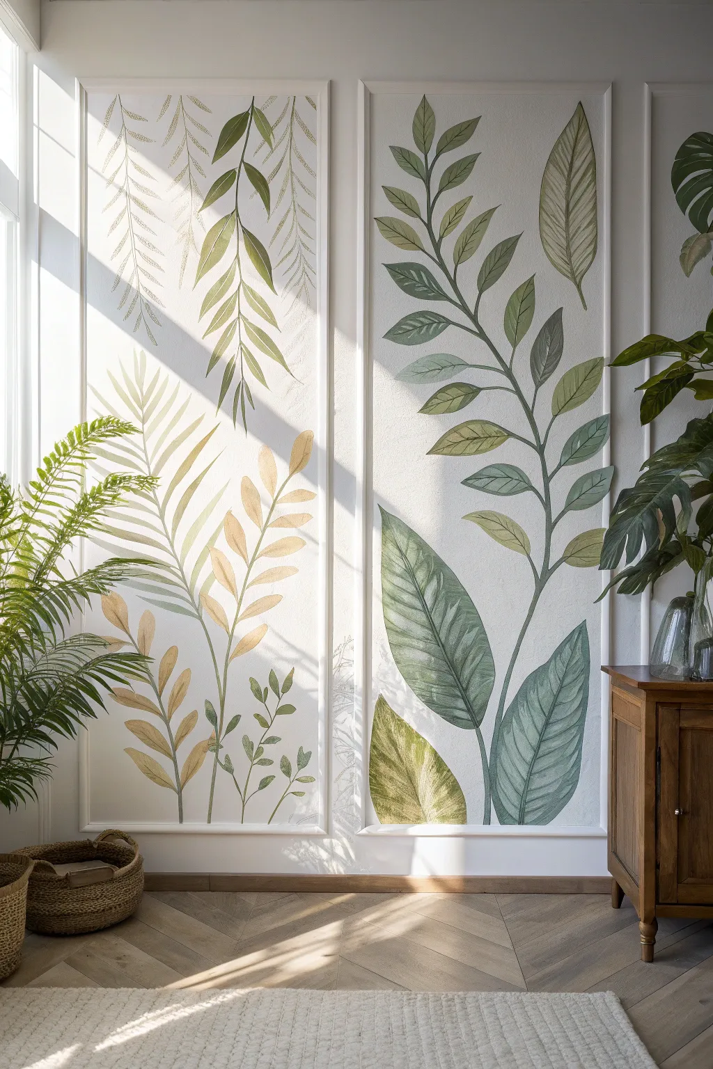 A leafy mural with hidden pearlescent veins, revealed by light in a clean two-angle view.