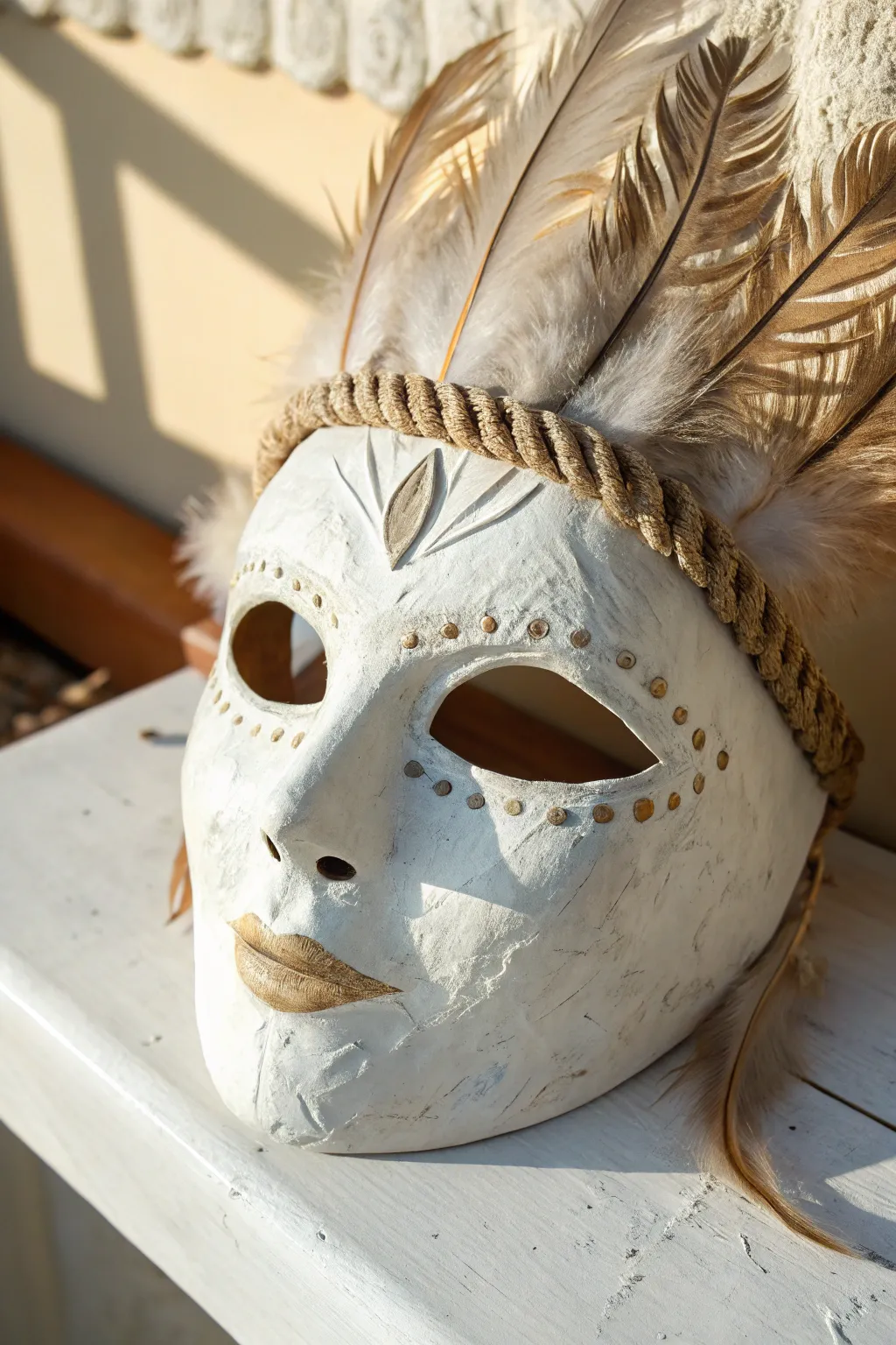 Soft feathers and faux-fur elevate a minimalist plaster creature mask with cozy boho charm.