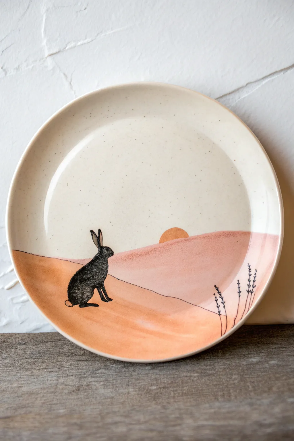 Minimalist sunset plate with a playful rabbit silhouette, perfect for easy plate painting ideas.