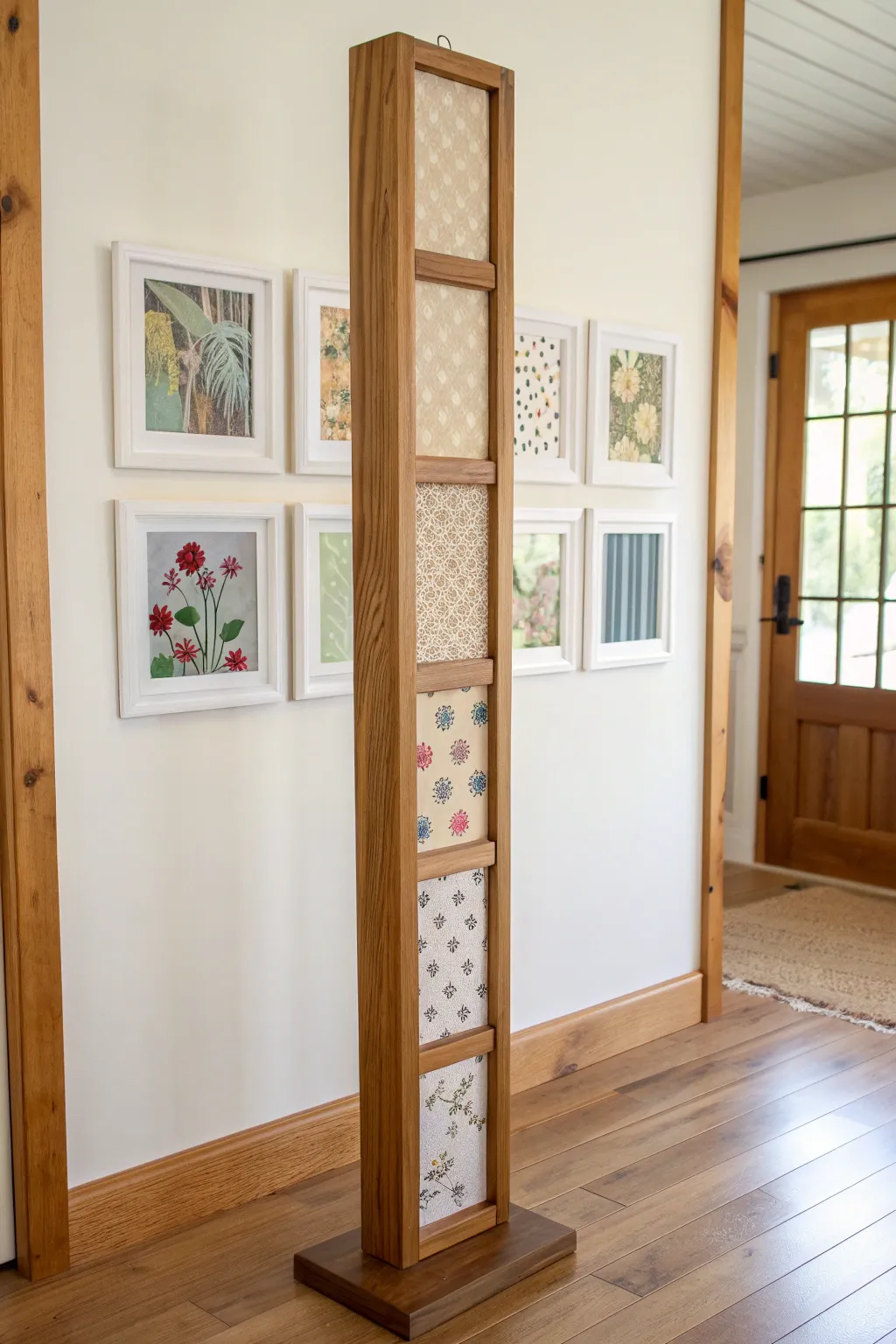 Patchwork panels on one pole, mixing mini motifs for a cozy community-inspired painted mashup