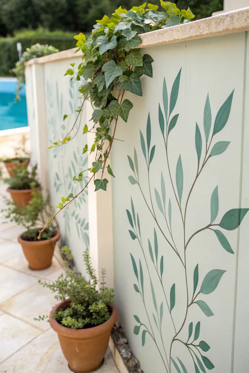 Painted vines meet real potted greenery for a chic, minimalist pool fence mural moment.