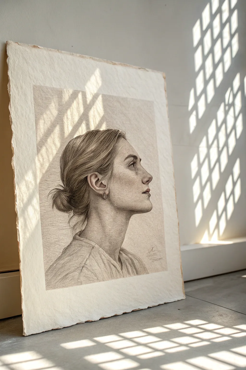 Windowlight geometry adds calm, modern depth behind a minimalist portrait sketch today.