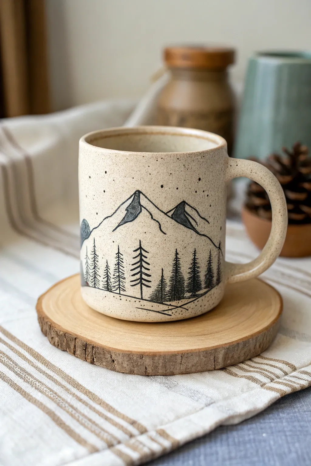 Wraparound mountain landscape mug design, minimalist Scandinavian-boho pottery inspiration