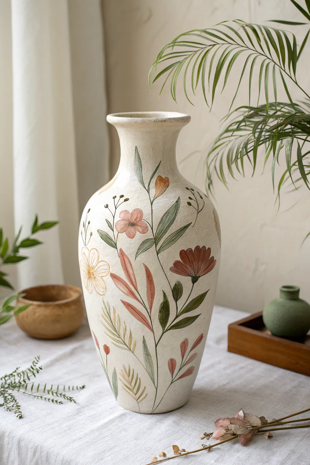 Surreal pottery florals with floating petals and minimalist stems in a clean gallery look