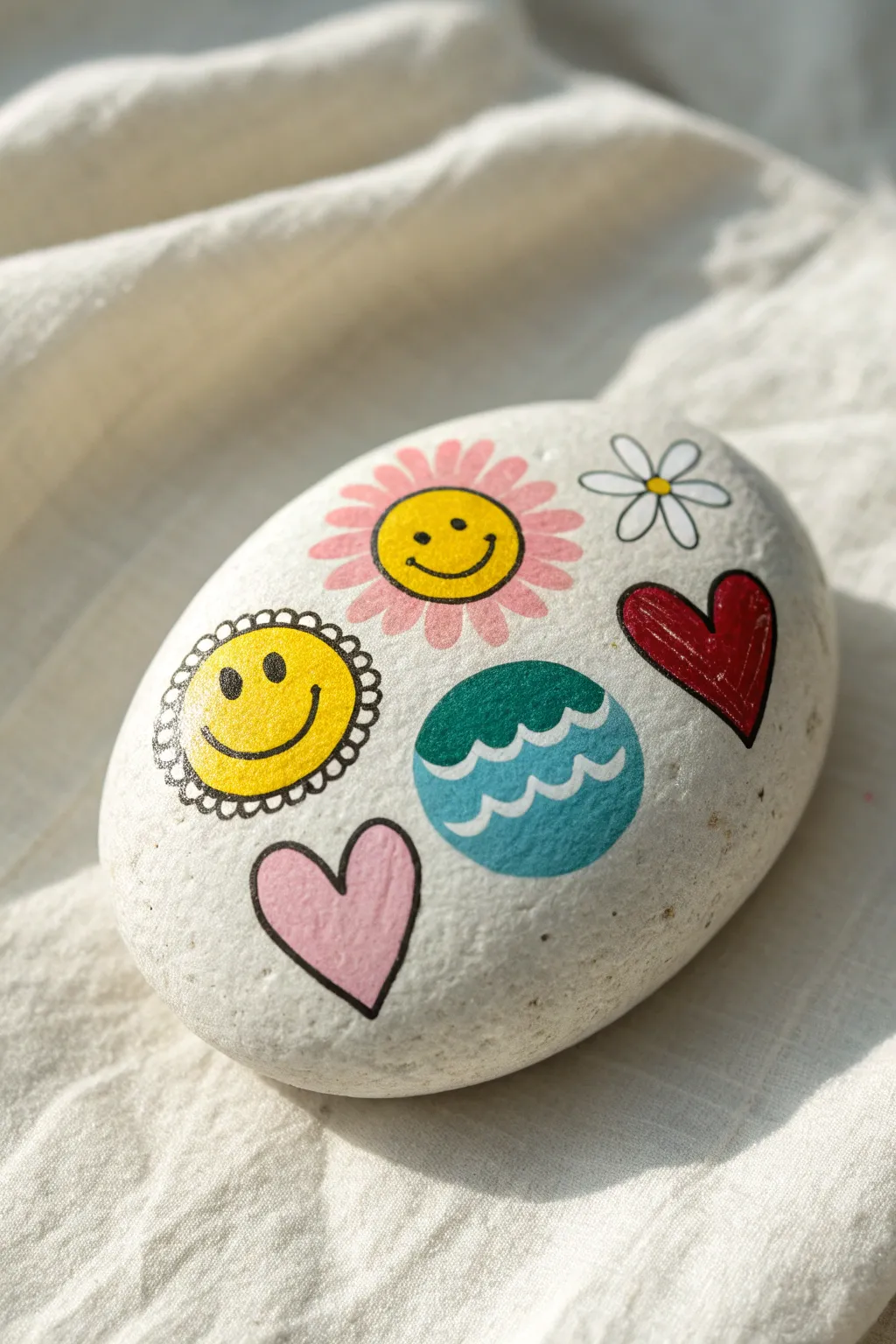 Preppy sticker-collage rock with crisp white outlines and soft shadows for an easy painted illusion.