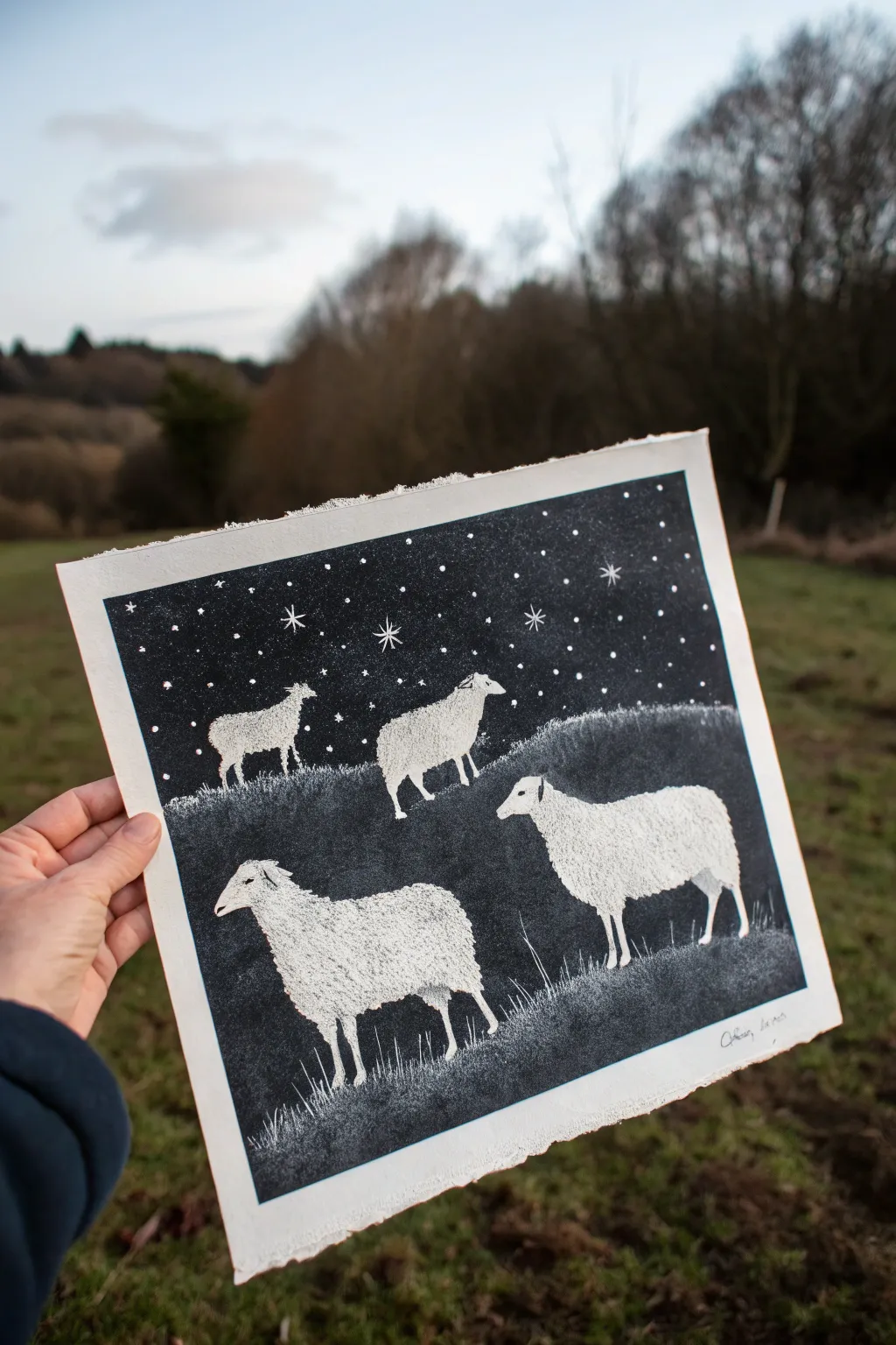 Black-and-white stippled sheep flock on a dark wash, minimal Nordic-boho, soft ghostly texture