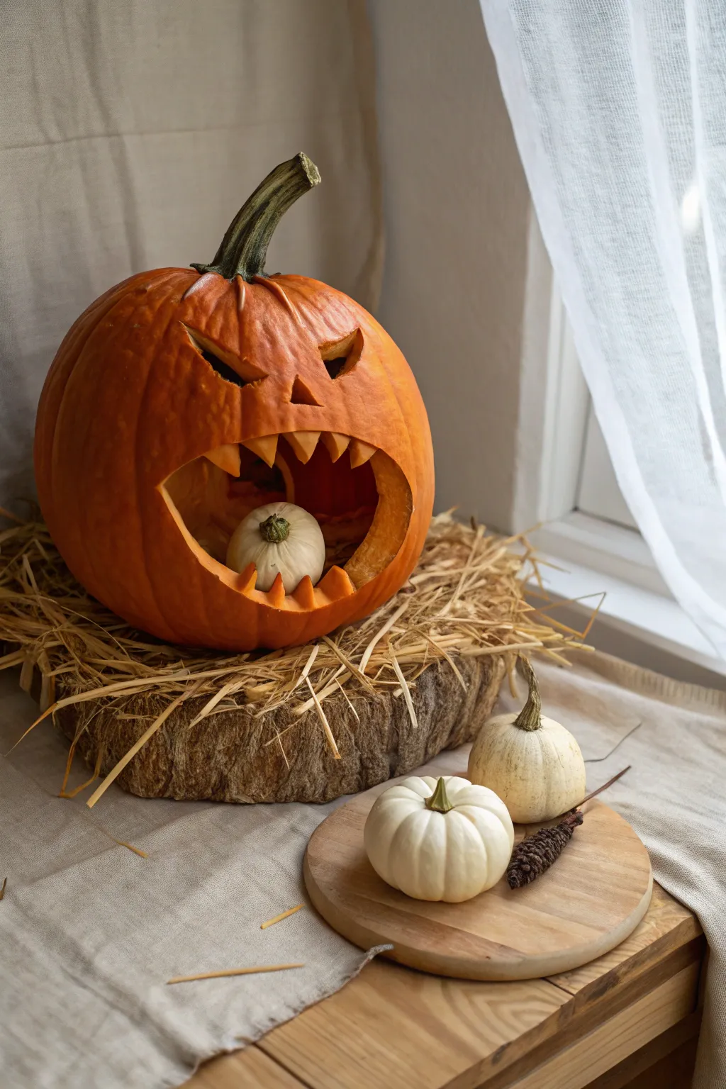 Cozy 3D pumpkin carving: a big carved grin chomping a mini gourd in minimalist autumn style.