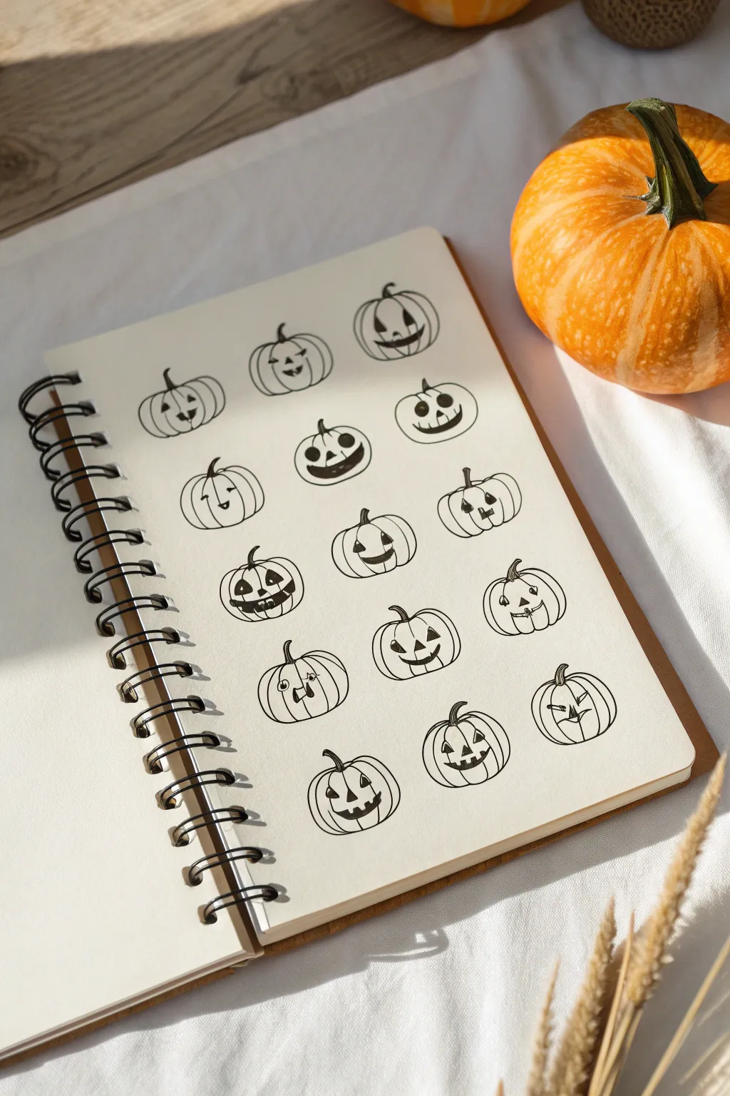 Mini pumpkin doodle grid with 12 simple variations, clean spacing, perfect for quick sketch ideas