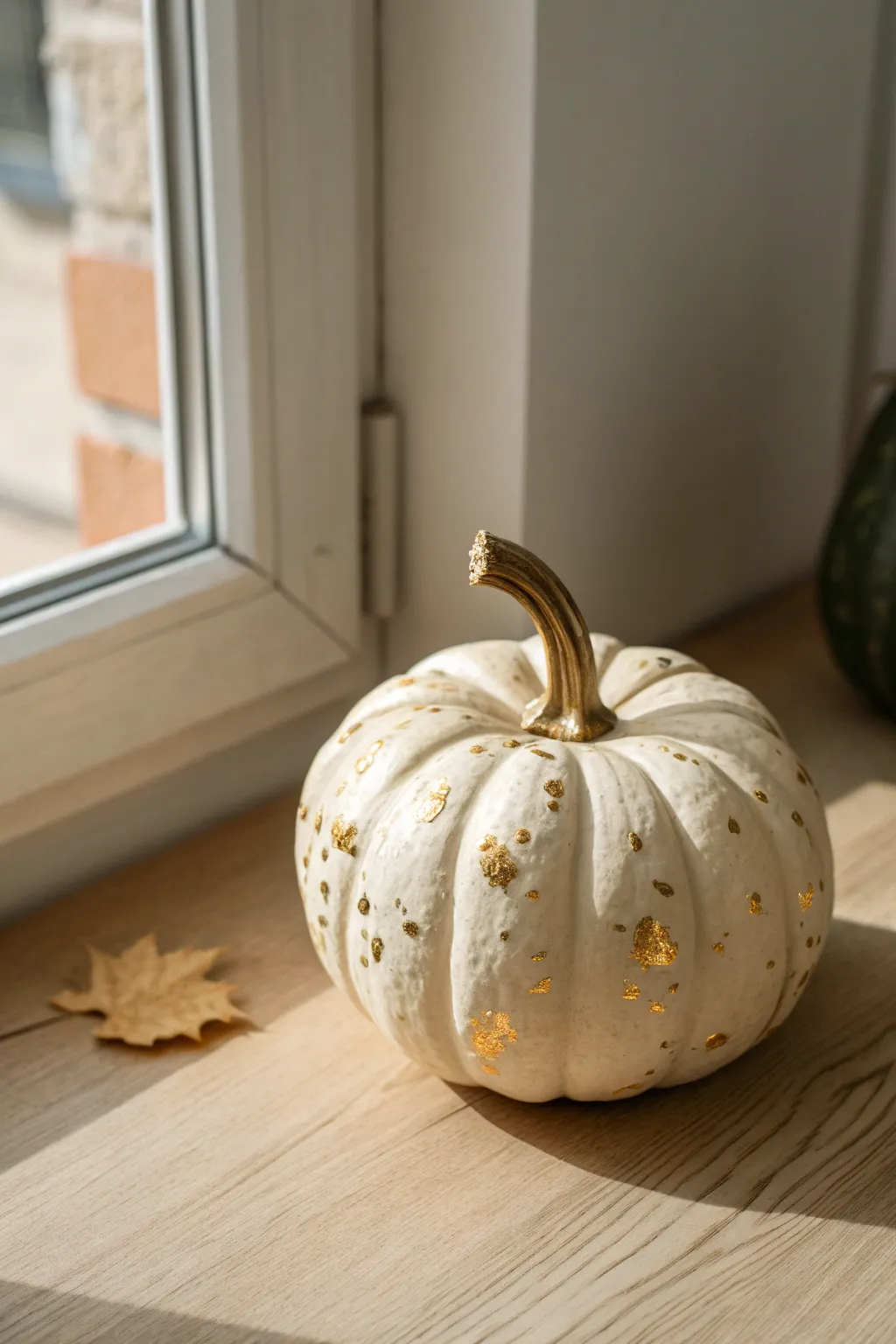 Matte pumpkin with delicate metallic leaf flecks, perfect for a minimalist autumn glow.