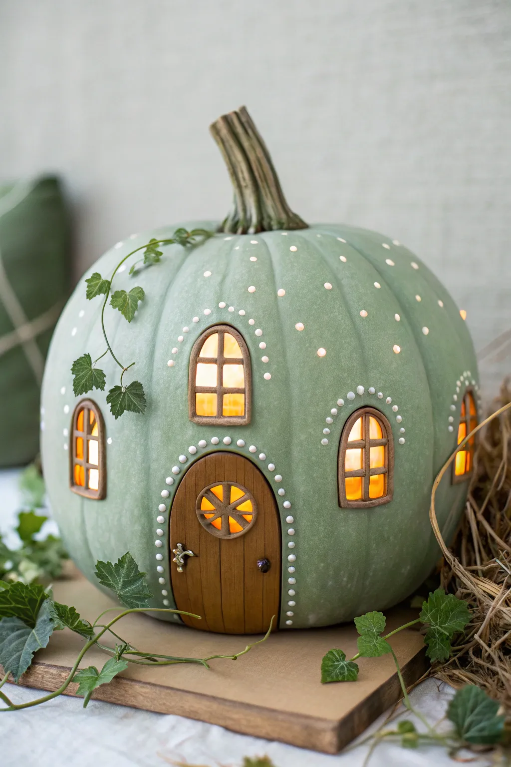 Enchanted fairy house pumpkin on mossy woodland ground, minimalist boho charm with crisp detail
