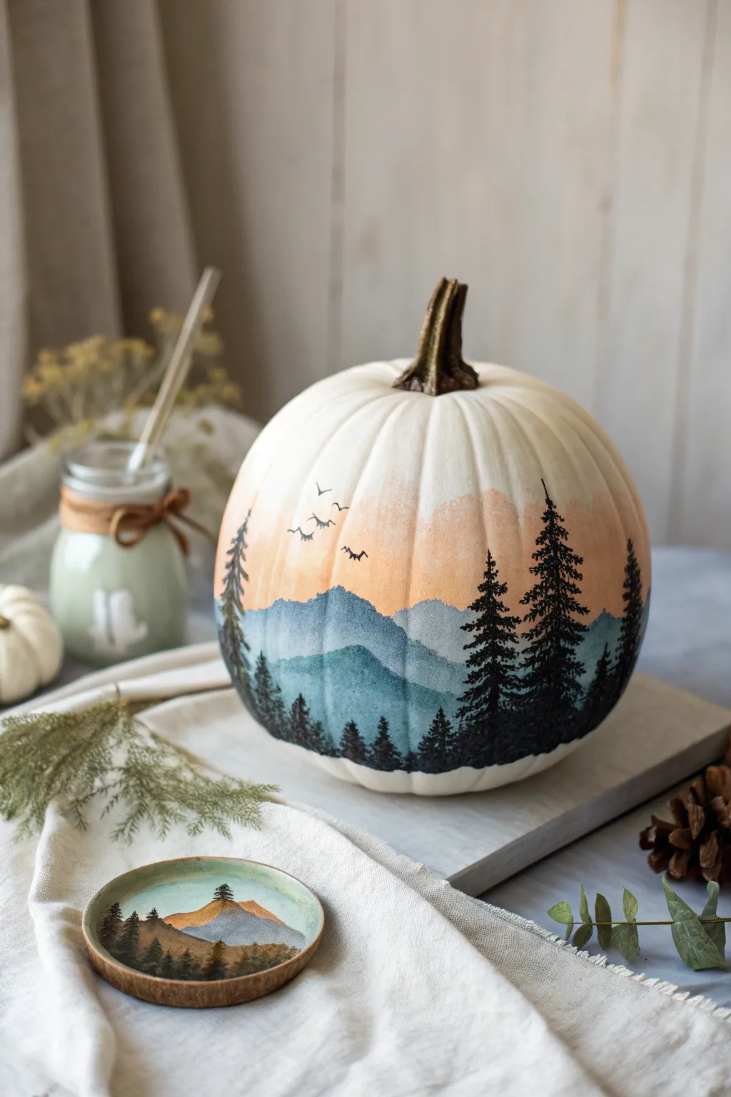 Turn a pumpkin into a tiny curved canvas with a serene painted landscape and soft autumn light