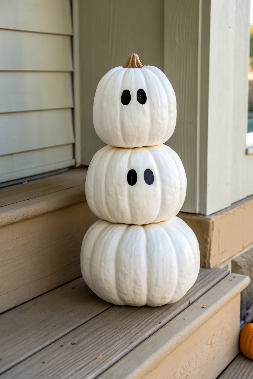 Minimal stacked pumpkin ghost totem in soft white, perfect for a chic Scandinavian-boho porch.