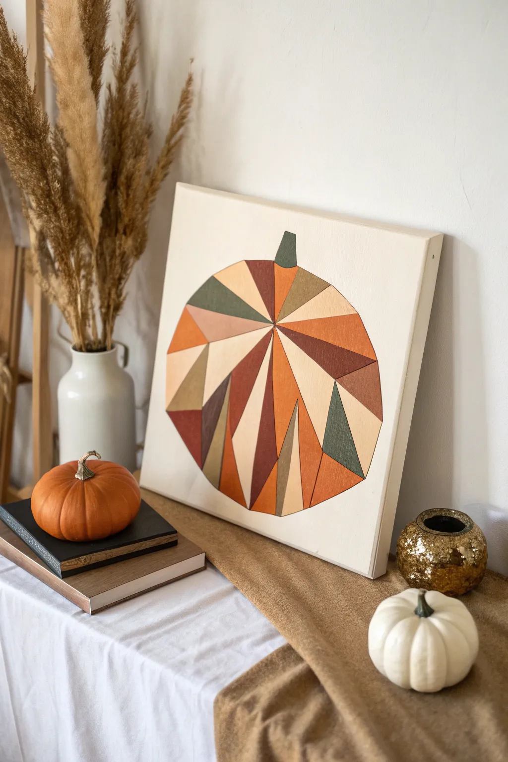 Abstract geometric pumpkin canvas in modern fall color blocks with crisp ridges and minimalist warmth