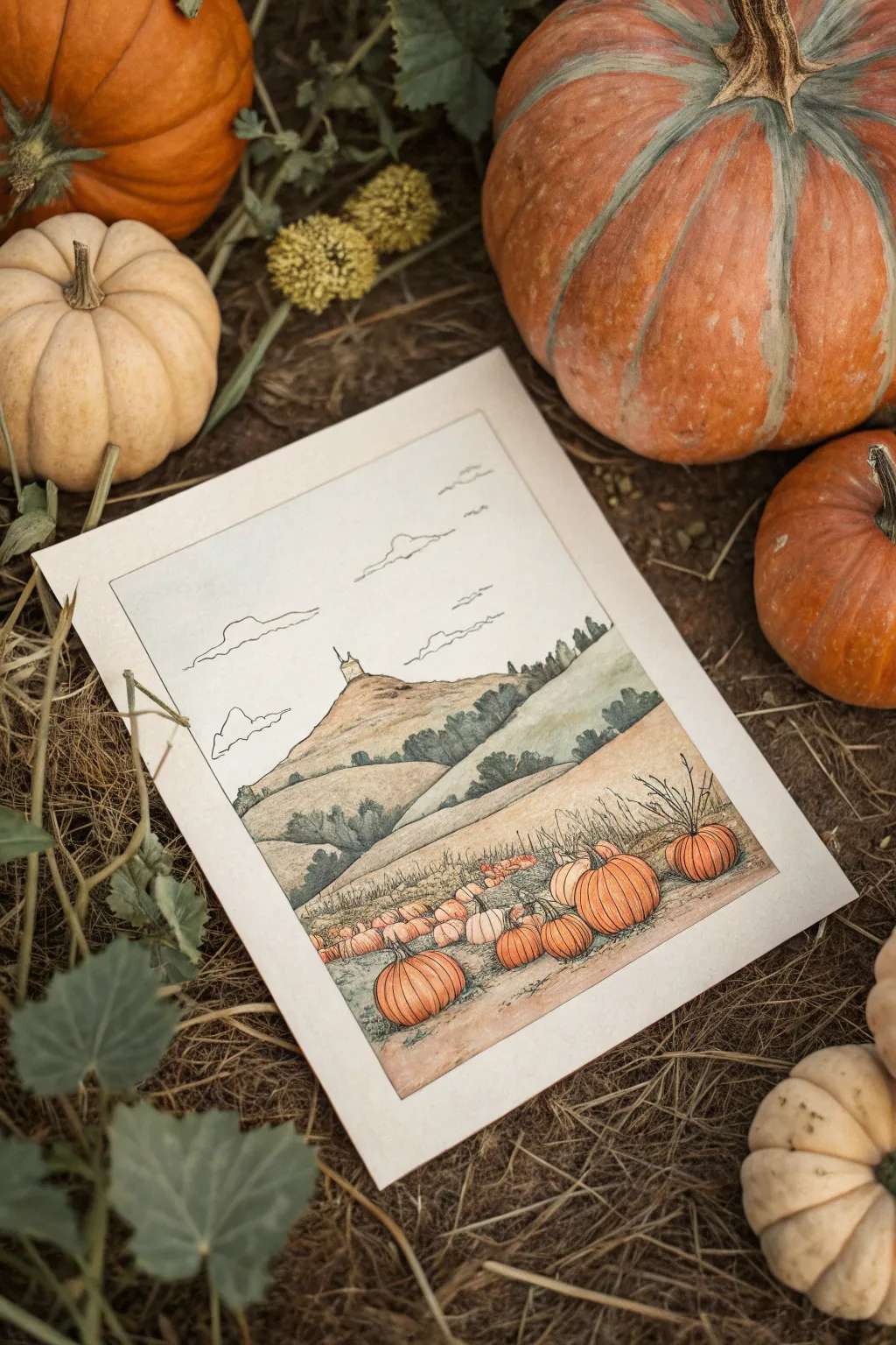 Surreal pumpkin hill drawing: one giant pumpkin with tiny vines for dreamy scale contrast