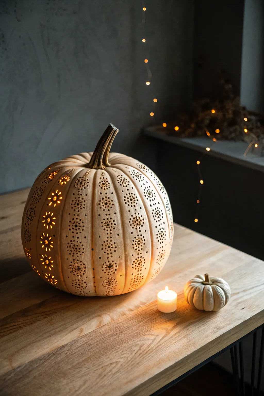 Pinhole-carved pumpkin casts a swarming constellation of light across a minimalist table.