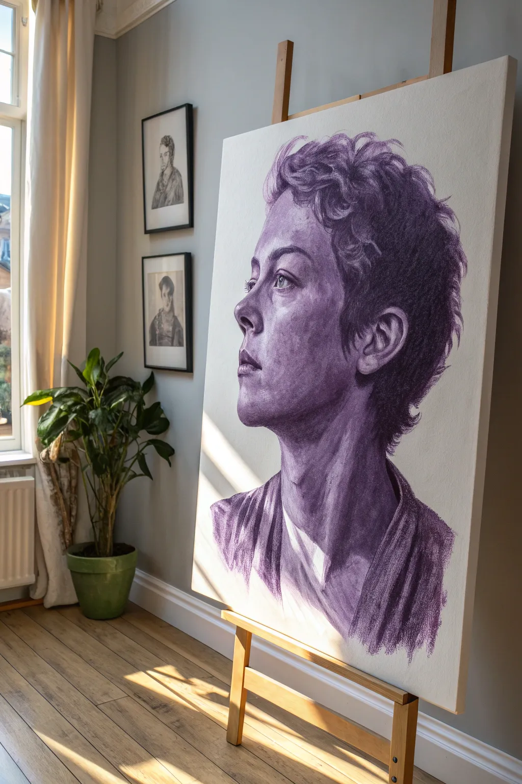 Monochrome violet portrait with lavender highlights and plum shadows for a dramatic light study
