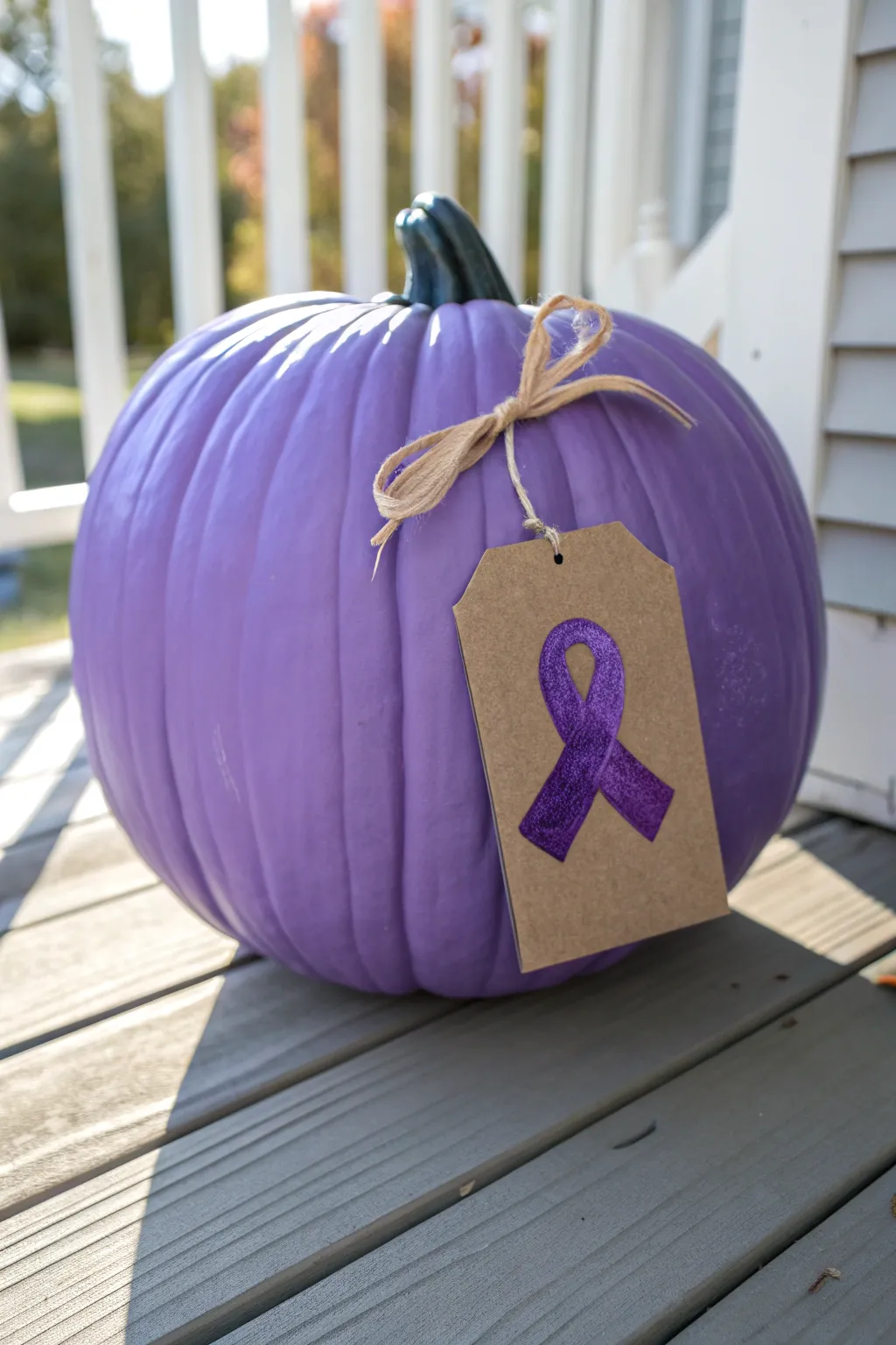 A calming purple pumpkin with ribbon detail, minimalist porch styling for epilepsy awareness.