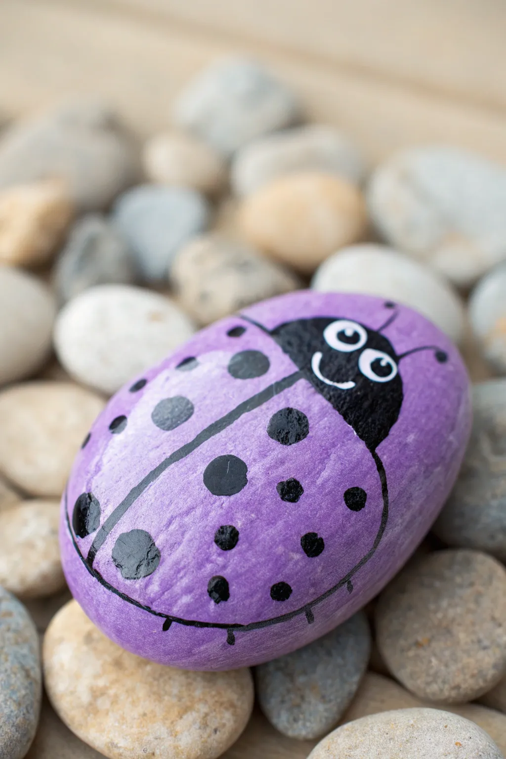 Purple ladybug rock with classic black spots, minimalist flat lay for sweet boho vibes