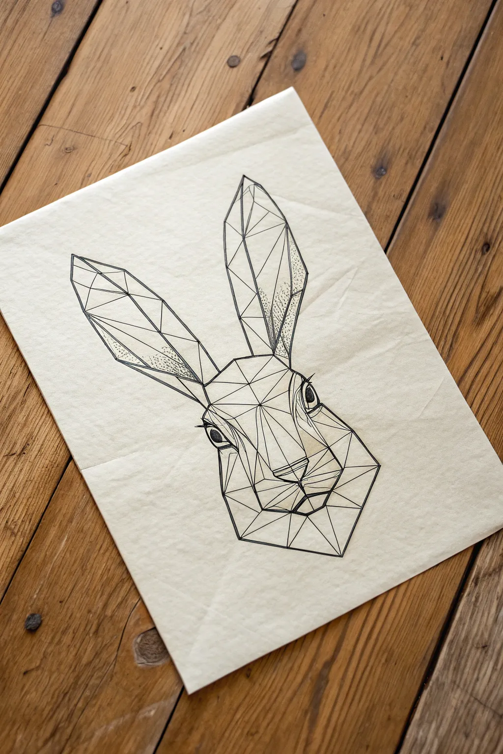 Crisp geometric rabbit head with subtle shaded facets for minimalist Scandinavian drawing practice.