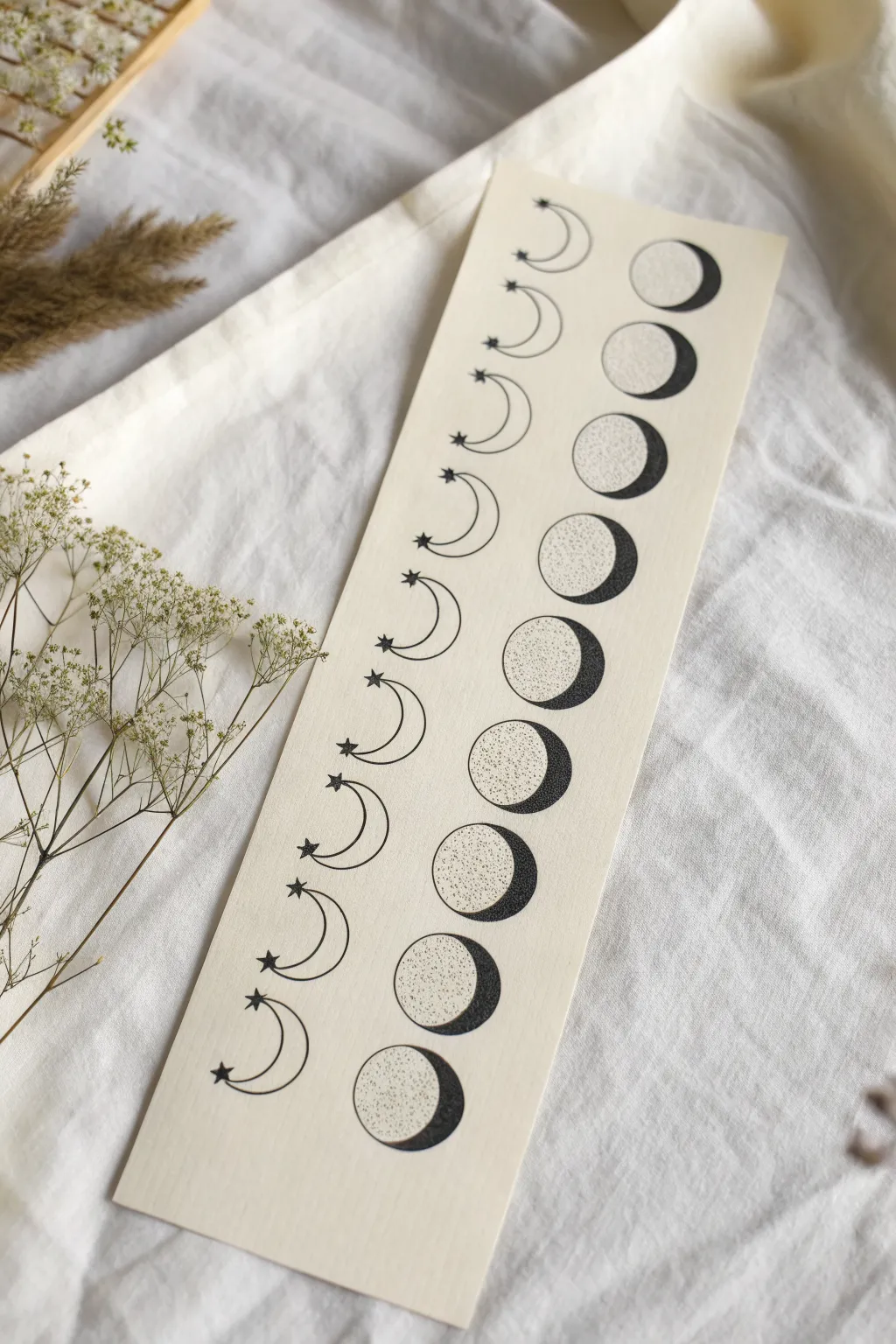 Ramadan moon phase strip with geometric tessellations, minimalist and calming to draw