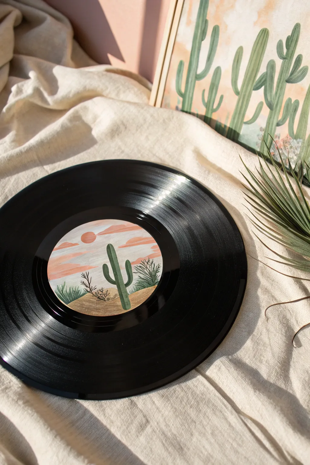 Bring desert vibes home with this trendy boho cactus vinyl record painting idea.