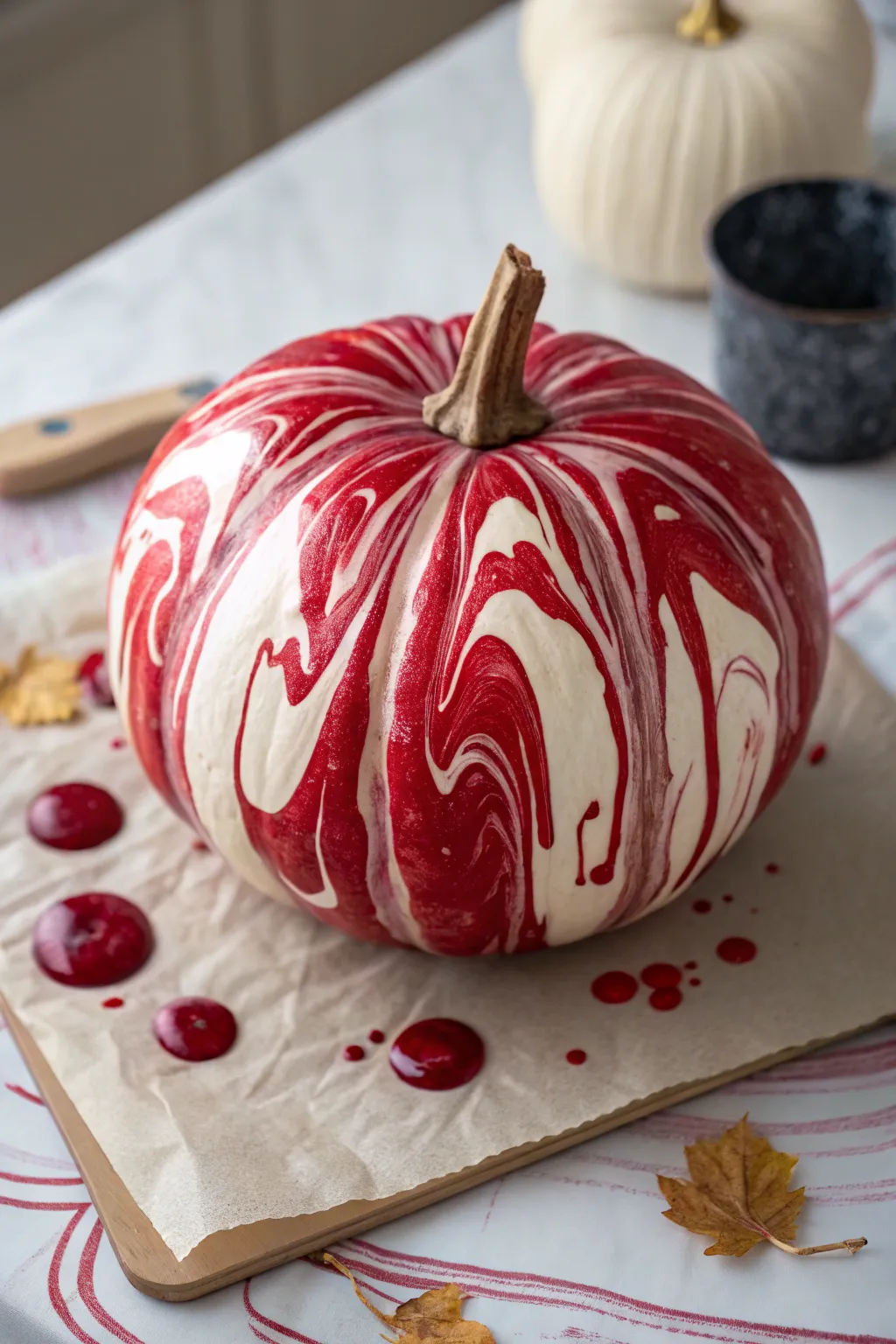 Marbled crimson pour-paint pumpkin with elegant drips, minimalist studio vibe, bold contrast