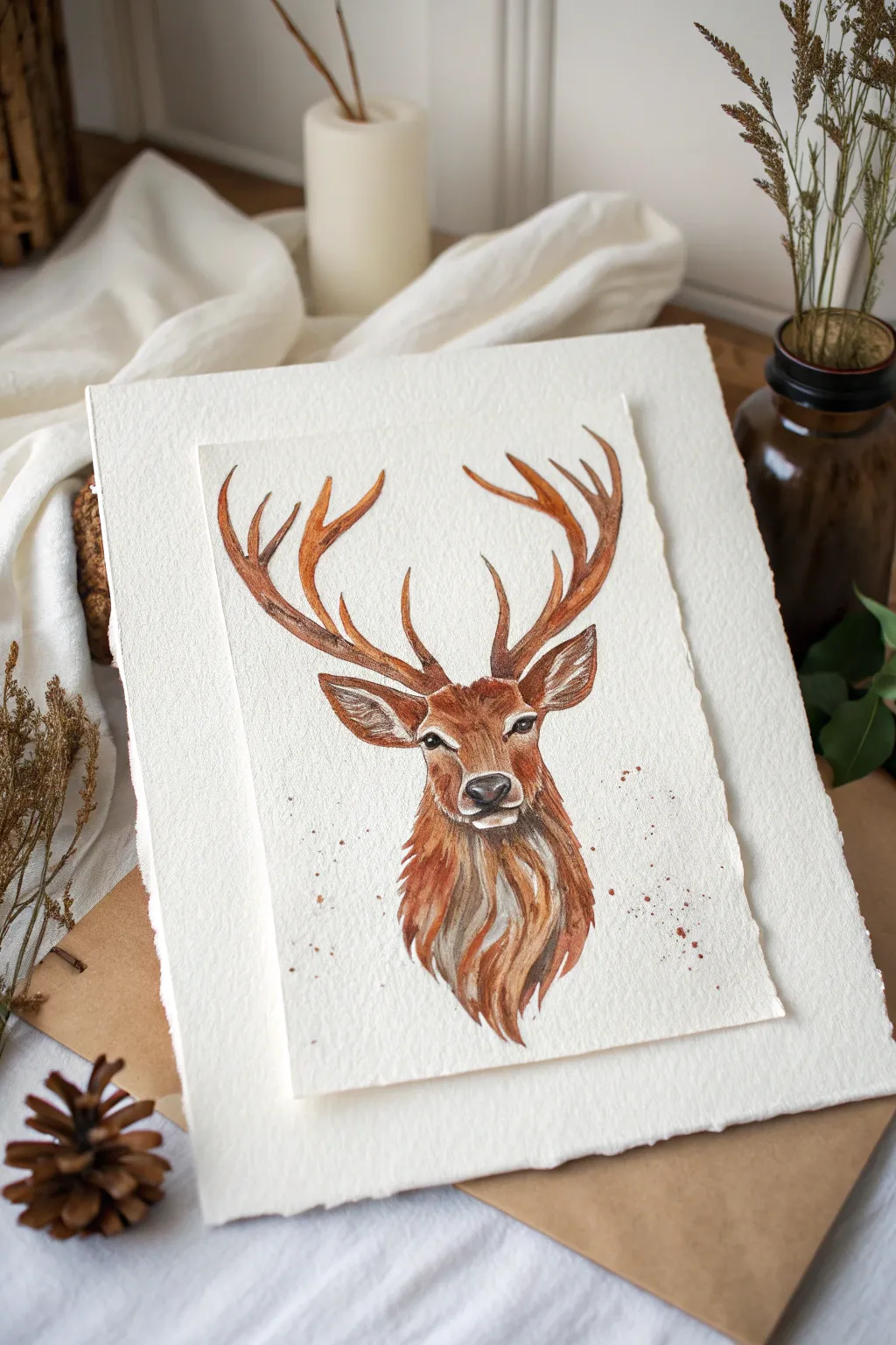 Minimal reindeer head with string-pull antlers, marbled surprise swirls, and Scandinavian boho contrast