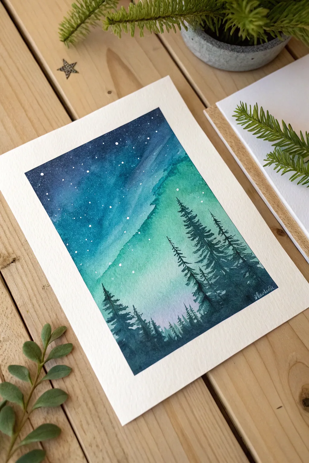 Paint dreamy aurora ribbons with soft teal and green washes against a deep night sky