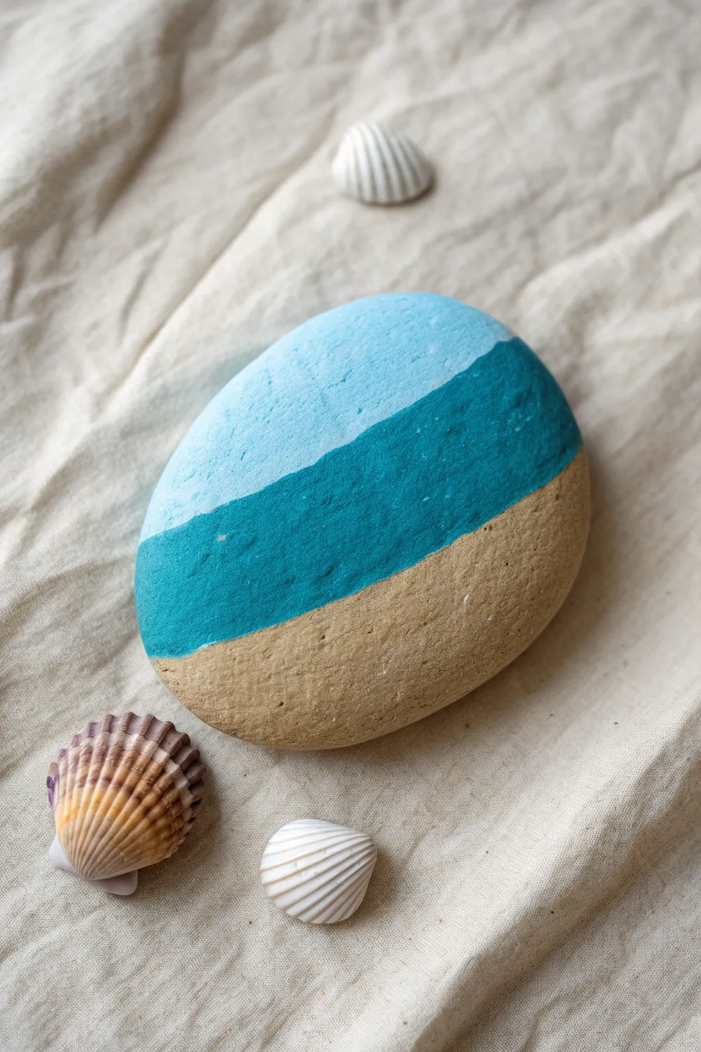 Beach horizon rock: three simple bands and a tiny shell detail for an easy painted win