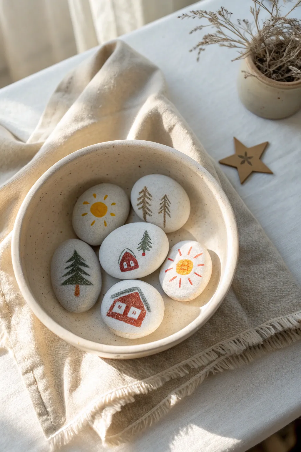 Story stones in a simple bowl, ready for kids to invent magical make-believe adventures.