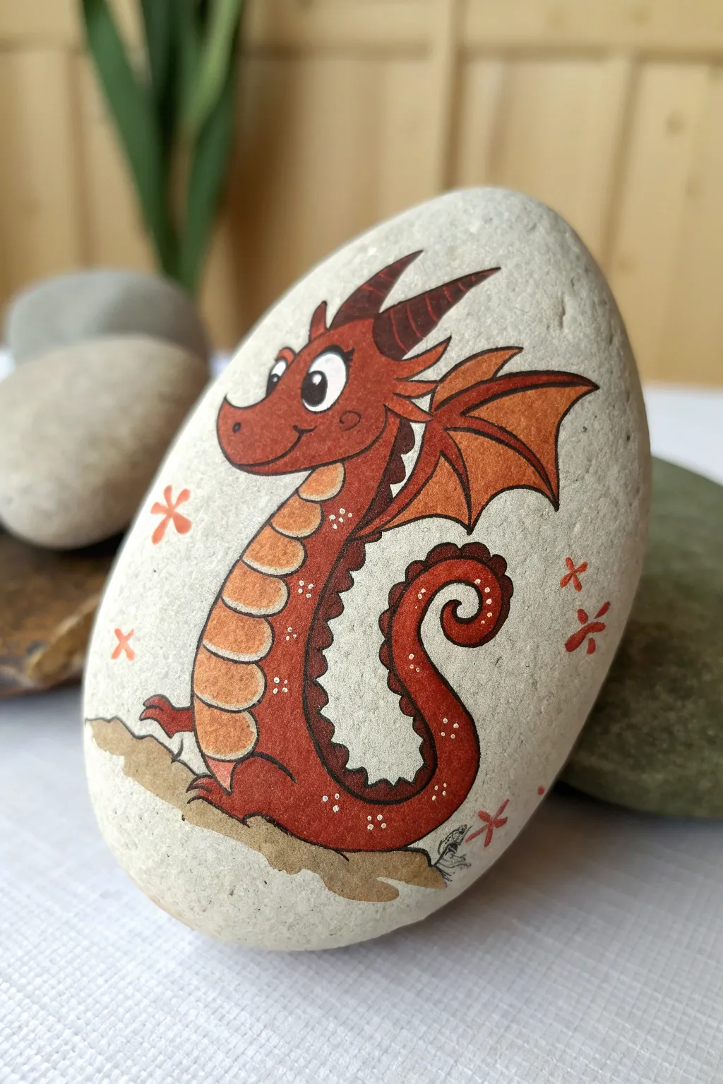 Minimalist red tiny dragon rock painting with a curled spiral tail, cozy Disney-inspired charm