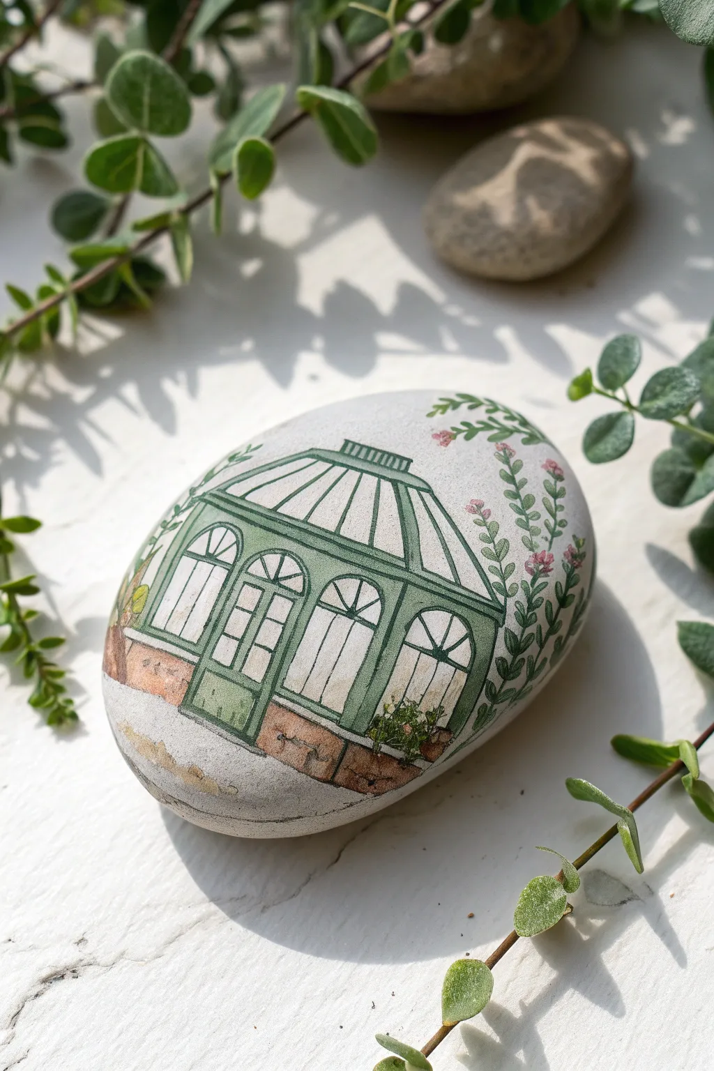 Paint a sunlit greenhouse house on a rock with clean pane lines and lush leafy plants inside