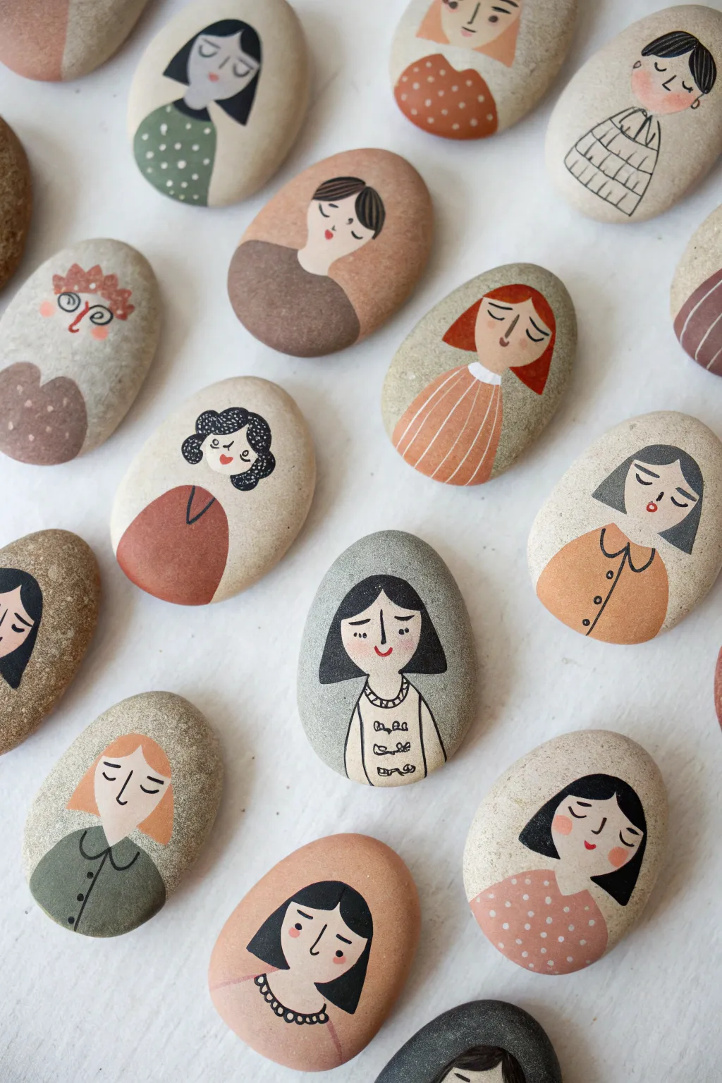 Mix-and-match rock people portraits lined up for endless combos, minimalist and cozy.