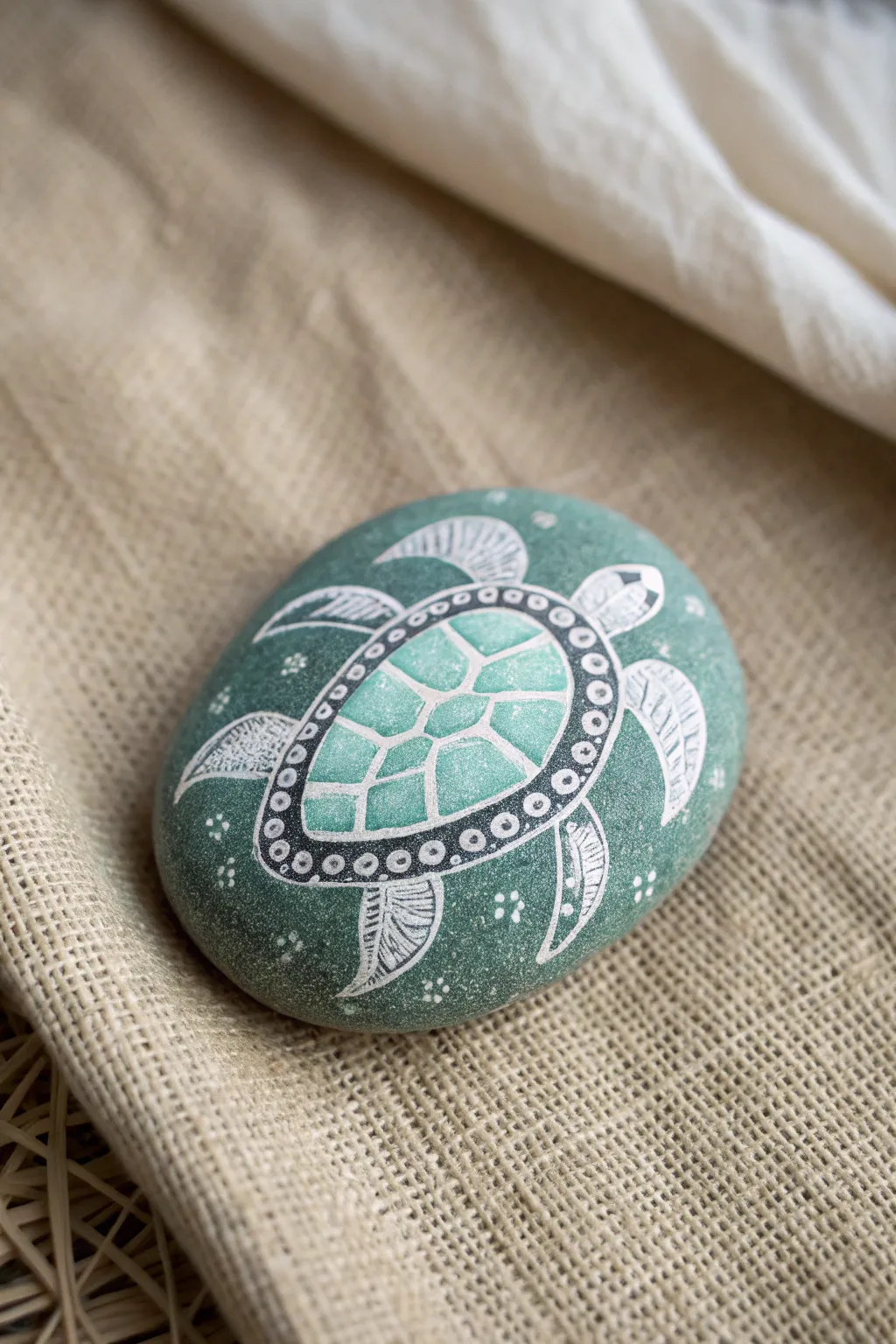 Channel calm ocean vibes with this detailed yet simple sea turtle rock painting design.