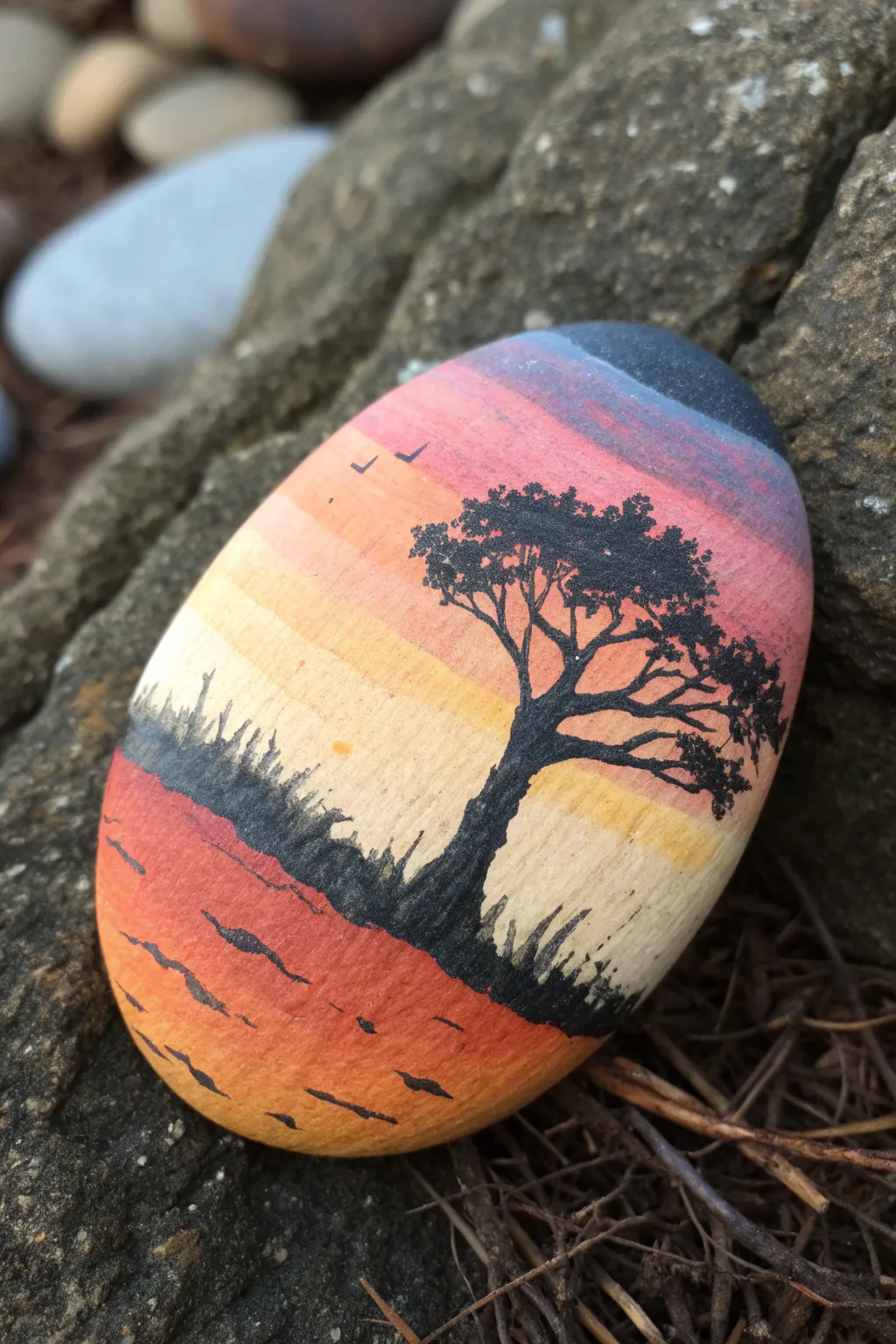 Minimalist sunset bands on a smooth rock, finished with a tiny tree silhouette for calm vibes.